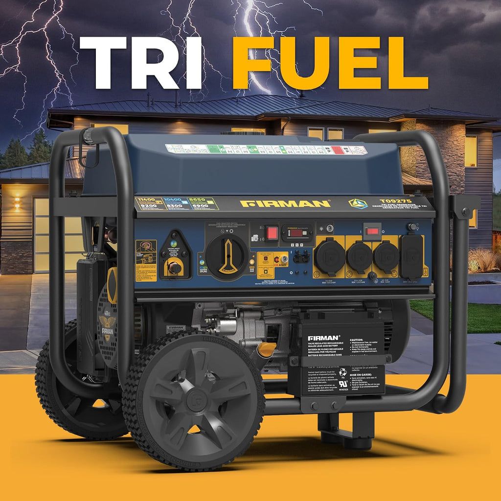 FIRMAN T09275 Tri Fuel Portable Generator, 11400W Electric Start Power Station, 120V 240V Output, Gas, Propane, Natural Gas, CO Alert, Home Backup Power, Emergency and Job Site Generator