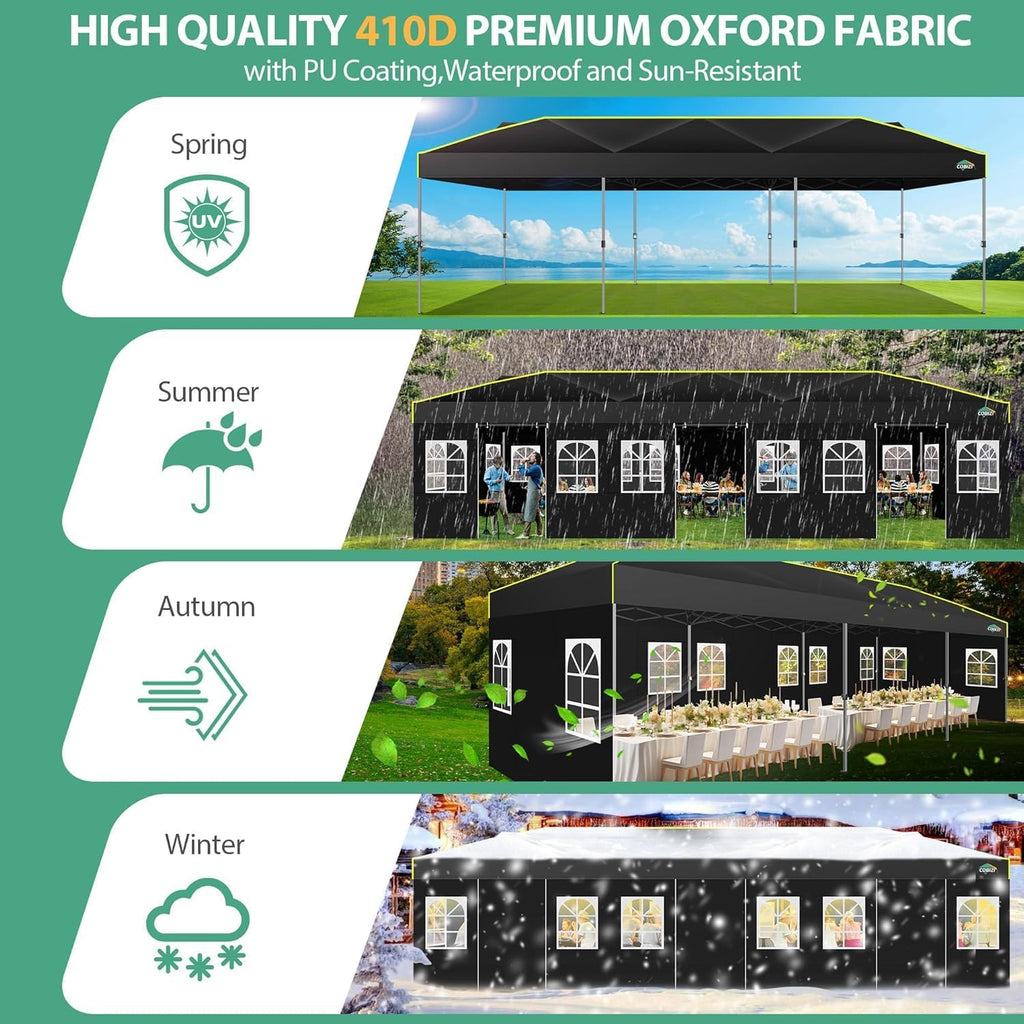 COBIZI 10x30 Pop Up Canopy with Sidewalls, One Push Easy Up Canopy UPF 50+ Waterproof Gazebo Party Tents for Parties, Backyard, Commercial Event, Black