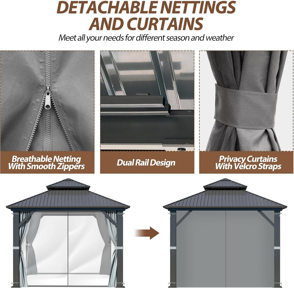 9.5' x 9.5' Hardtop Gazebo, Galvanized Steel Double Roof Gazebo with Nettings and Curtain Outdoor Aluminum Frame Vertical Stripes Roof Gazebos for Patio, Deck,Backyard