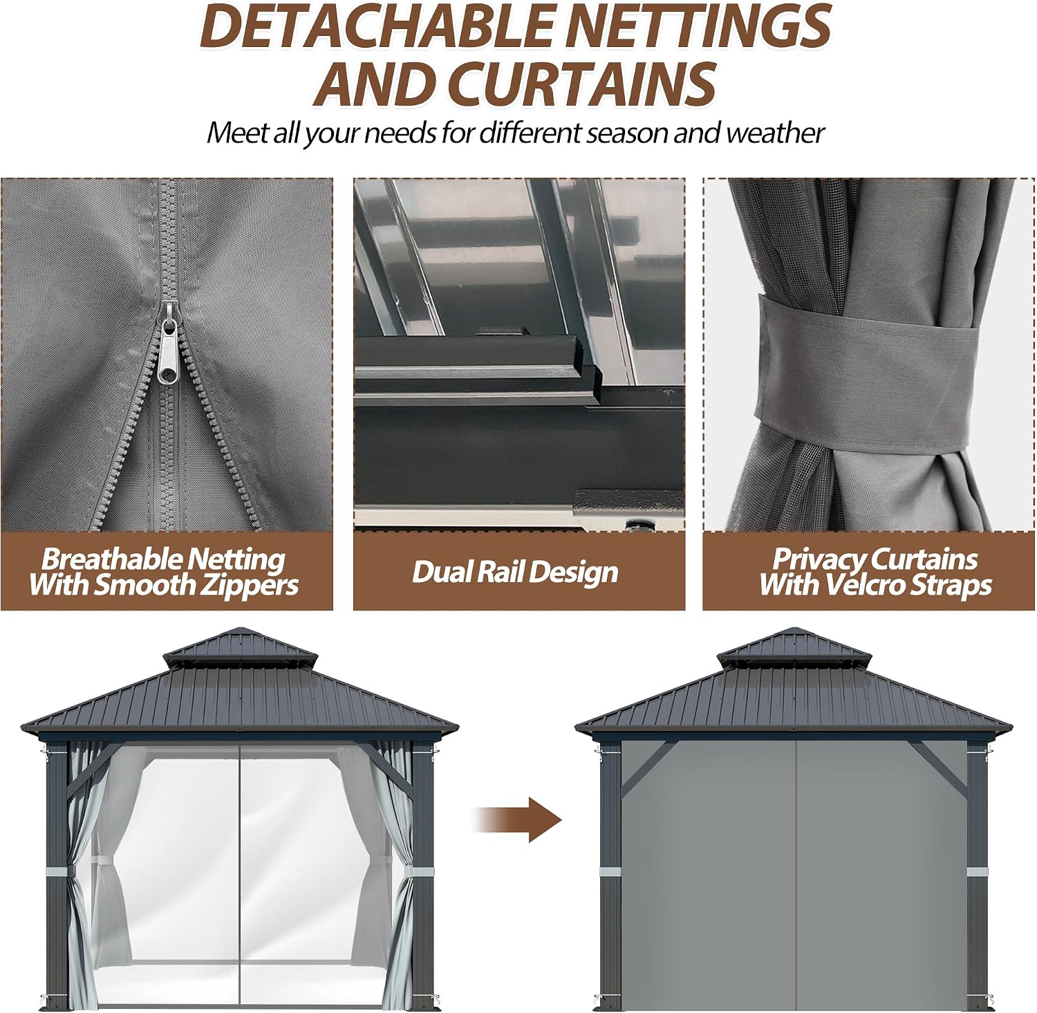 9.5' x 9.5' Hardtop Gazebo, Galvanized Steel Double Roof Gazebo with Nettings and Curtain Outdoor Aluminum Frame Vertical Stripes Roof Gazebos for Patio, Deck,Backyard