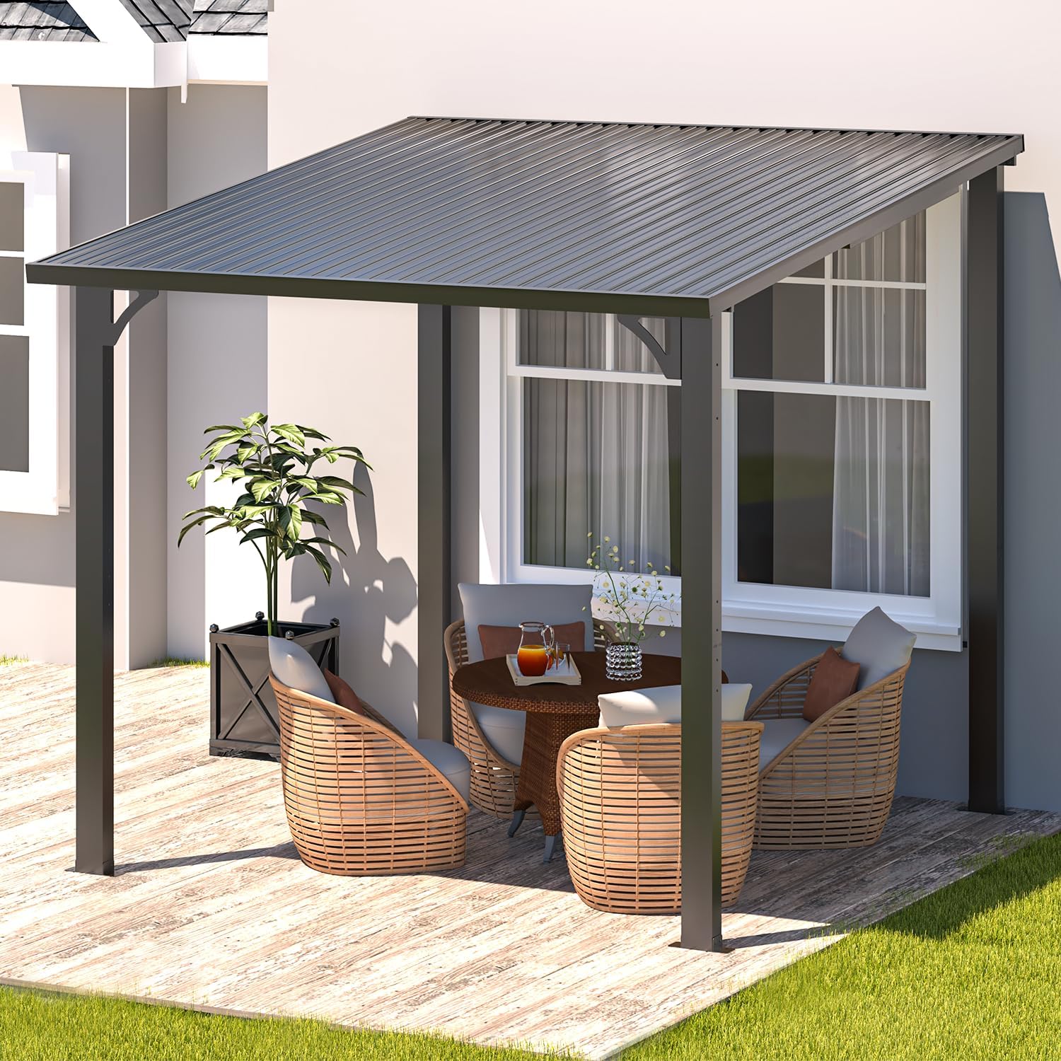 U-MAX 8' x 8' Outdoor Pergola Hardtop Gazebo, Wall-Mounted Heavy Duty Lean to Metal Awnings Gazebos on Clearance for Patio, Small Galvanized Steel Pergolas and Gazebo for Outdoor Use
