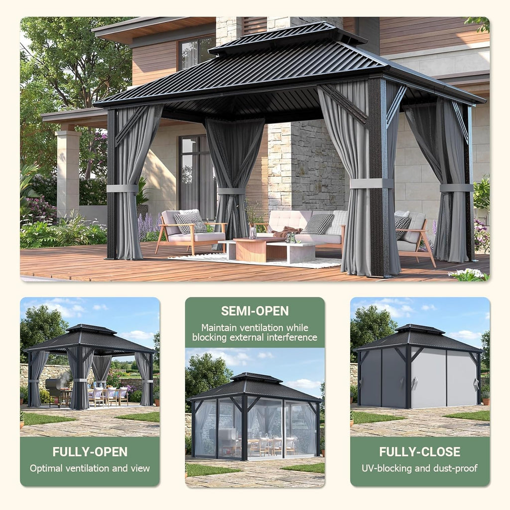 Polar Aurora 10'x12' Outdoor Gazebo Hardtop Grill Gazebo Aluminum Galvanized Steel Double Roof Outdoor Pergola Include Curtain and Netting for Backyard, Patio, Lawn