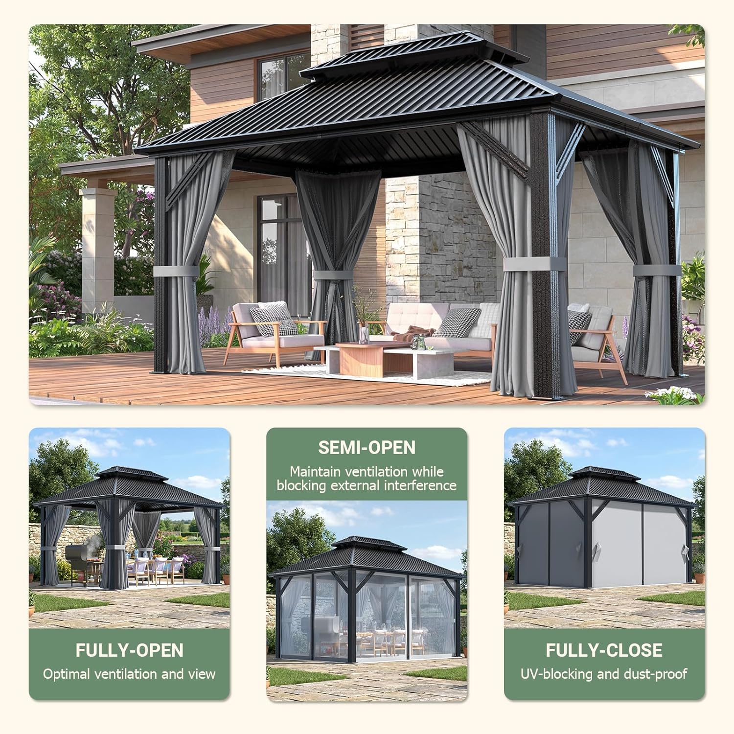 Polar Aurora 10'x12' Outdoor Gazebo Hardtop Grill Gazebo Aluminum Galvanized Steel Double Roof Outdoor Pergola Include Curtain and Netting for Backyard, Patio, Lawn