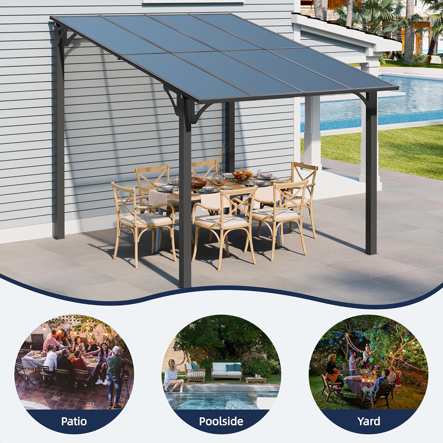 JY QAQA 8x10FT Outdoor Pergola, Gazebo Pergola with Sloped Roof, Large Wall Mounted Heavy Duty Awning for Patio, Deck, Backyard Outdoor pergola