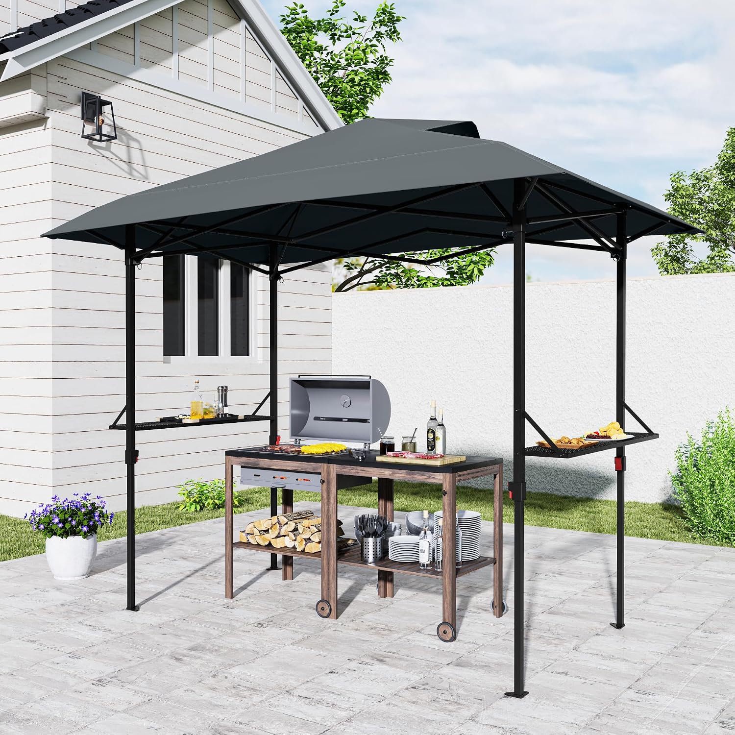 8×5 FT Pop Up Grill Gazebo, Outdoor Grill Canopy with Vented Roof & Side Shelves, Large Portable Canopy for Outdoor Barbecue, Backyard, Patio, Easy Assembly, Grey