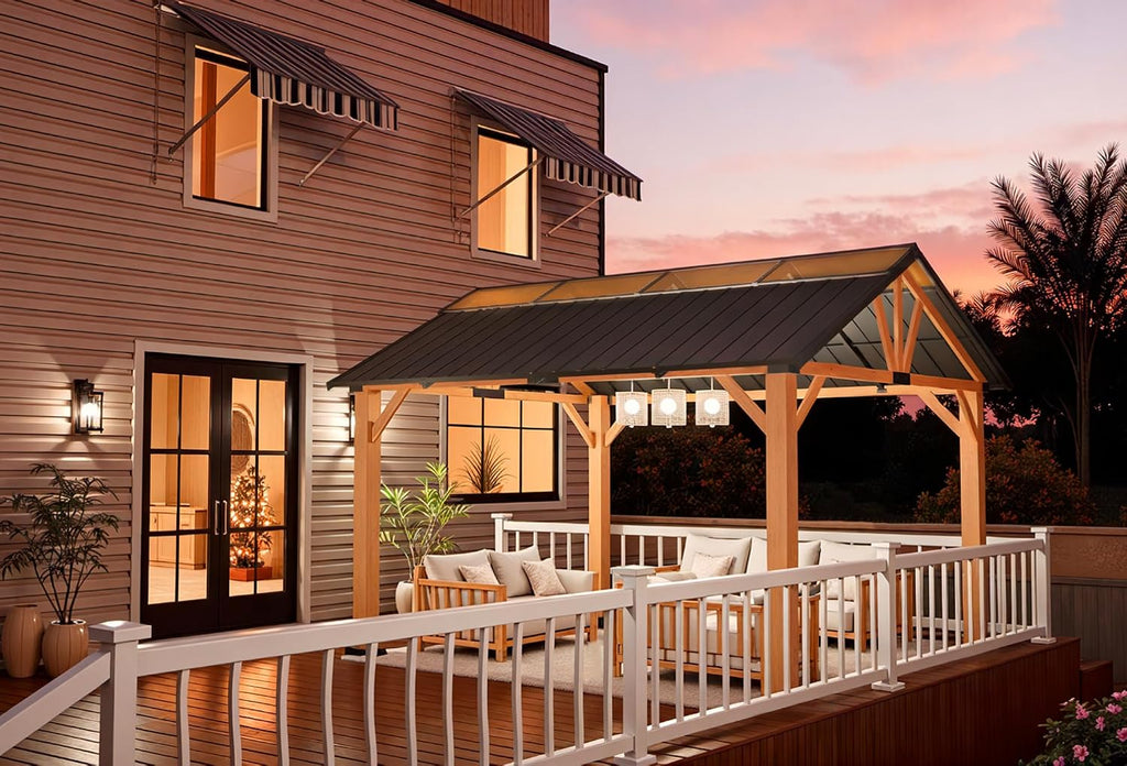 MACROUT 11'x13' Hardtop Gazebo with Gabel Roof Canopy and Aluminium Frame, Outdoor Grill Gazebo Pergola for Patio, Backyard and Party, 4944 (Gable Roof + Brown Frame, 11'x13')
