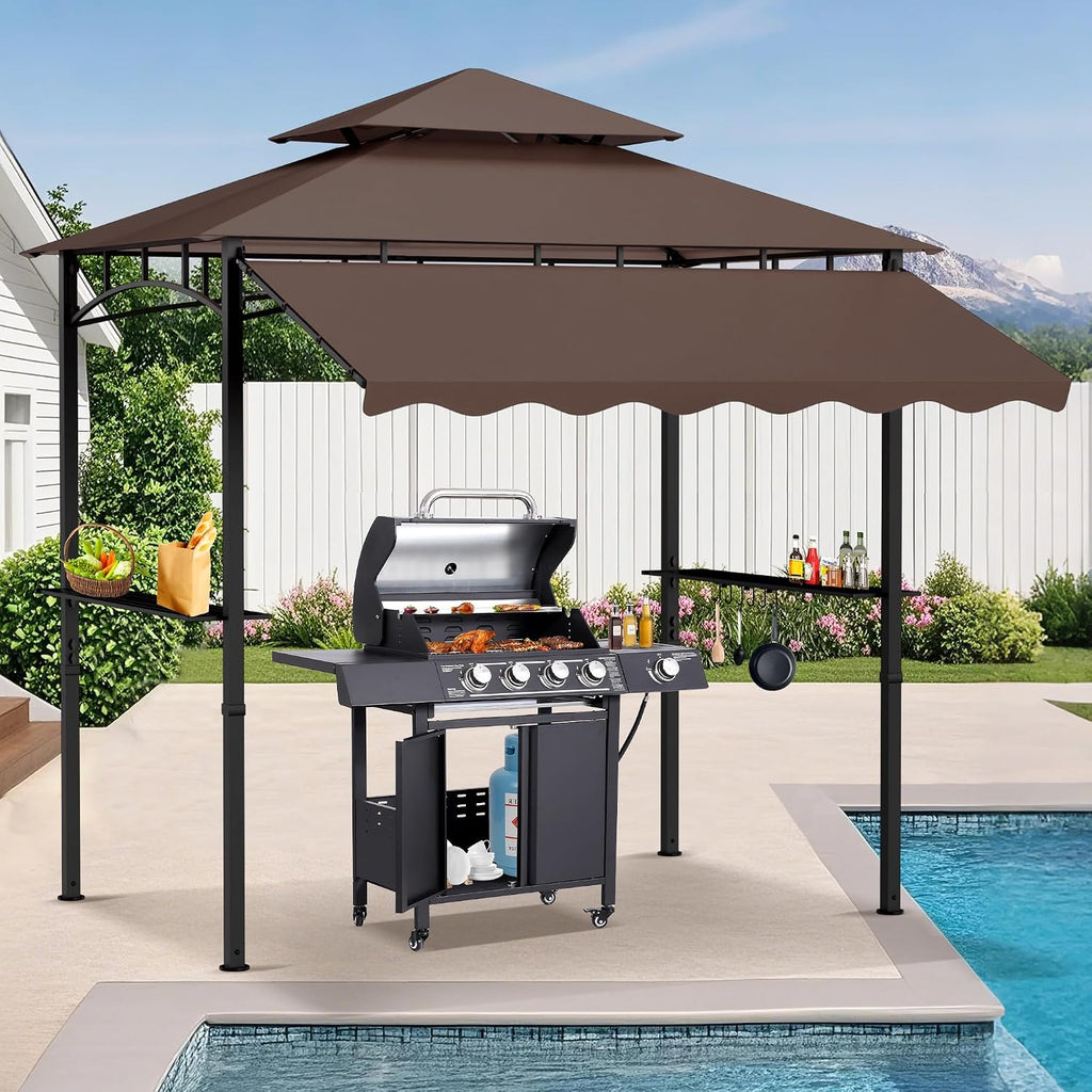 MAGIC UNION 8x8 FT Grill Gazebo with Side Awning, 2-Tier Barbecue Canopy Shelter with 2 Shelves, 7 Hanging Hooks, Bottle Opener, Outdoor Grilling Awnings Tent for Backyard Garden Poolside (Brown)