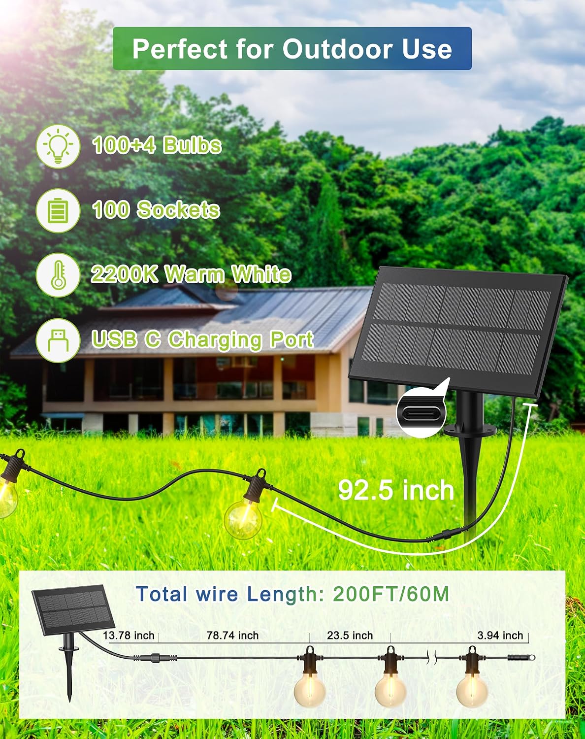 Zuske Solar String Lights Outdoor Waterproof 200FT with USB Port and 100 Shatterproof G40 Bulbs(3 Spare), LED Solar Powered Patio Lights for Outside, Porch, Backyard, Gazebo, Garden(Warm White)