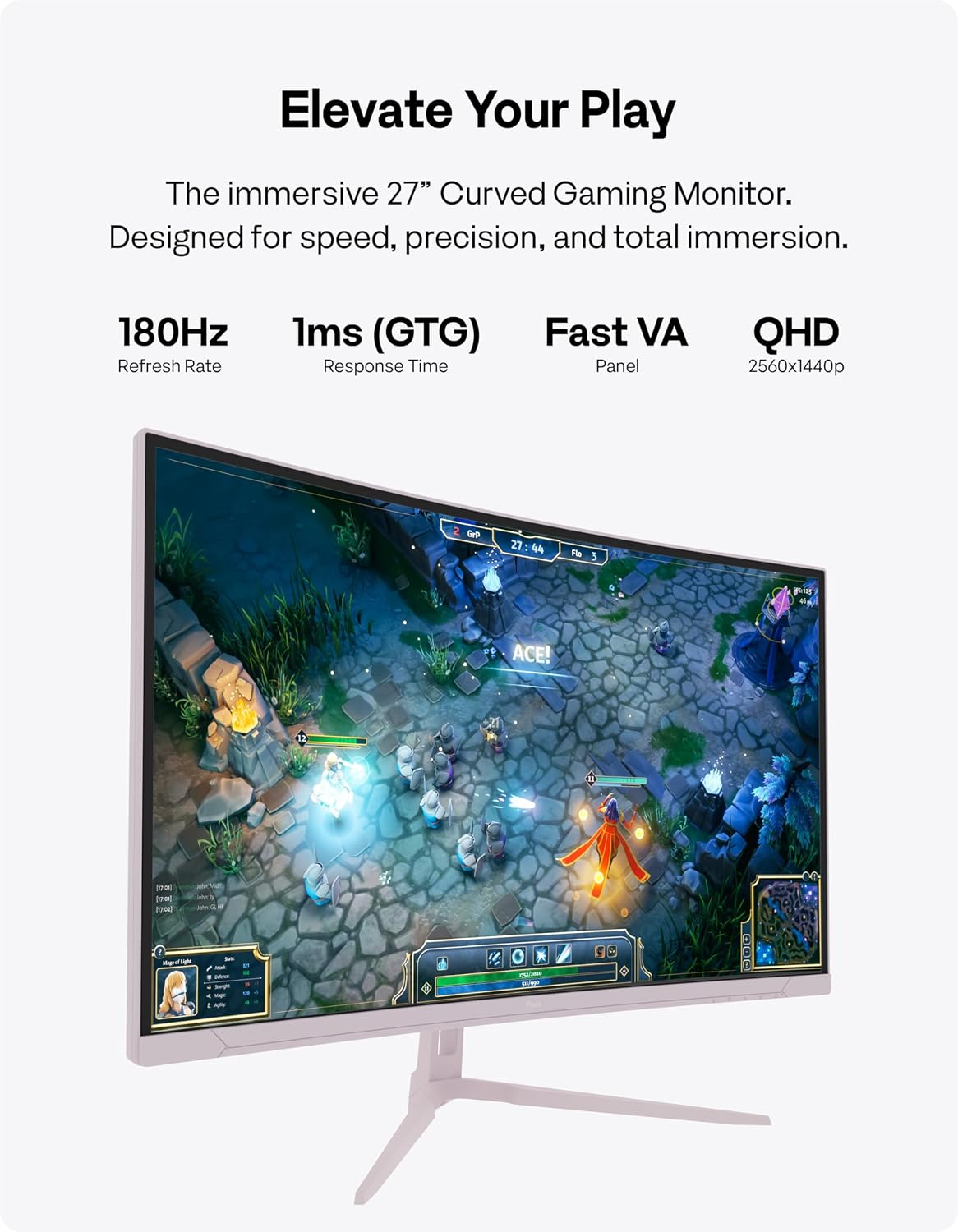 Pixio PXC278 Wave Pink 27 inch 180Hz Refresh Rate QHD 1440p Resolution 1650R Curved Fast VA Panel 1ms GTG Response Time Adaptive Sync HDR Curved Gaming Monitor