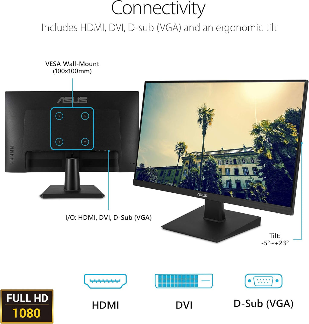 ASUS 24 Inch Desktop Monitor - 75Hz, Full HD (1920x1080), IPS, Frameless, Adaptive-Sync, Eye Care, HDMI, D-Sub DVI-D - VA24EHE