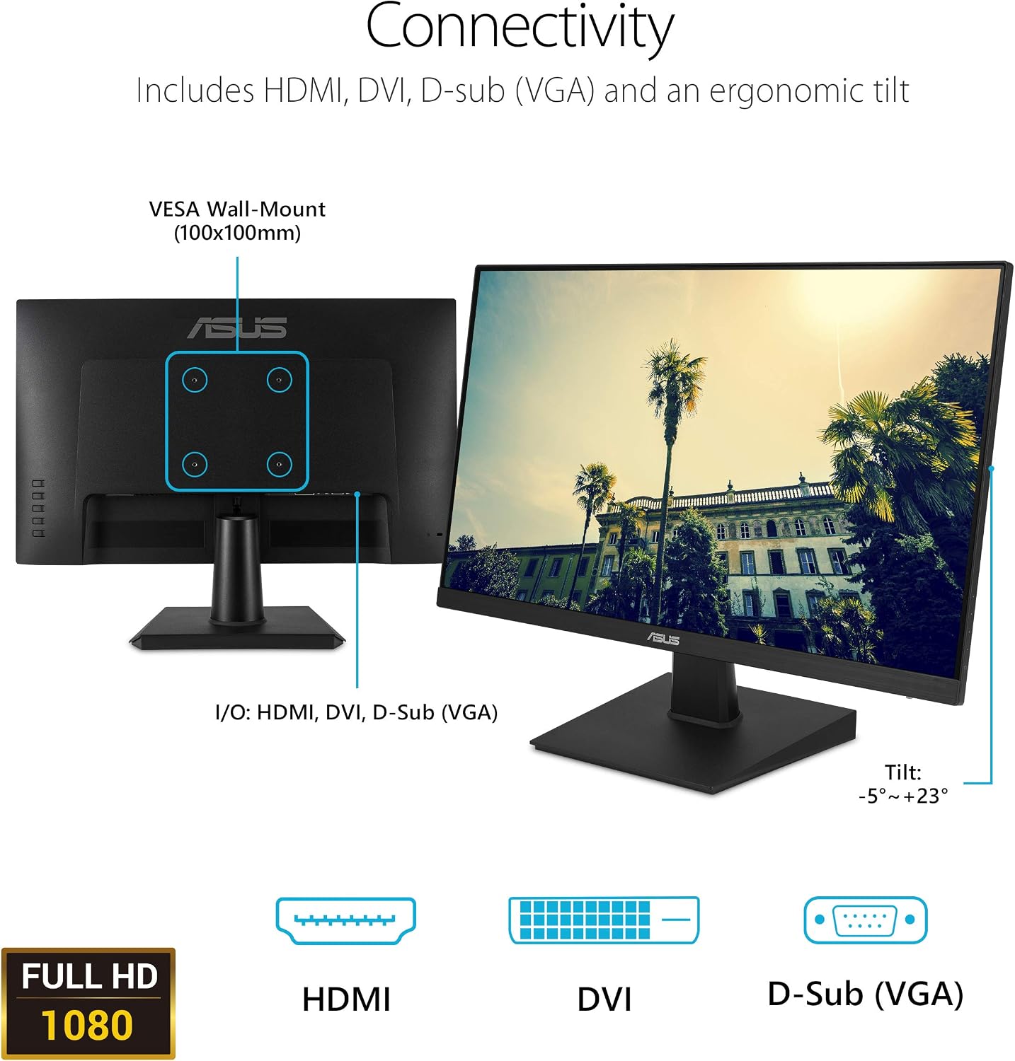 ASUS 24 Inch Desktop Monitor - 75Hz, Full HD (1920x1080), IPS, Frameless, Adaptive-Sync, Eye Care, HDMI, D-Sub DVI-D - VA24EHE