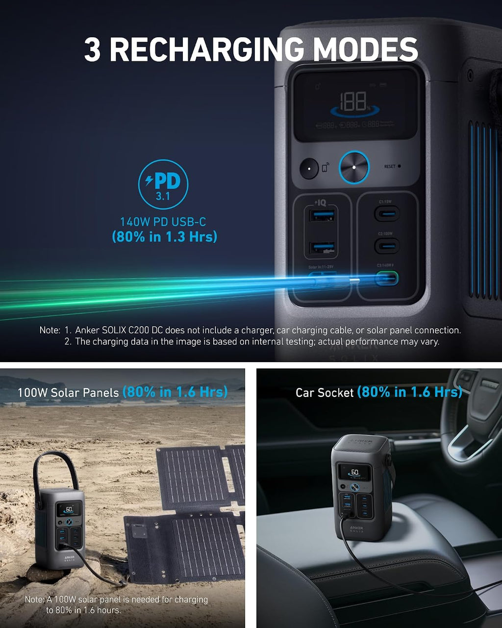 Anker SOLIX C200 DC Power Bank Station, 192Wh Portable Power Station, LiFePO4 Battery, 200W Solar Generator, for Outdoor Camping, Traveling, and Emergencies (No Wall Charger Included)
