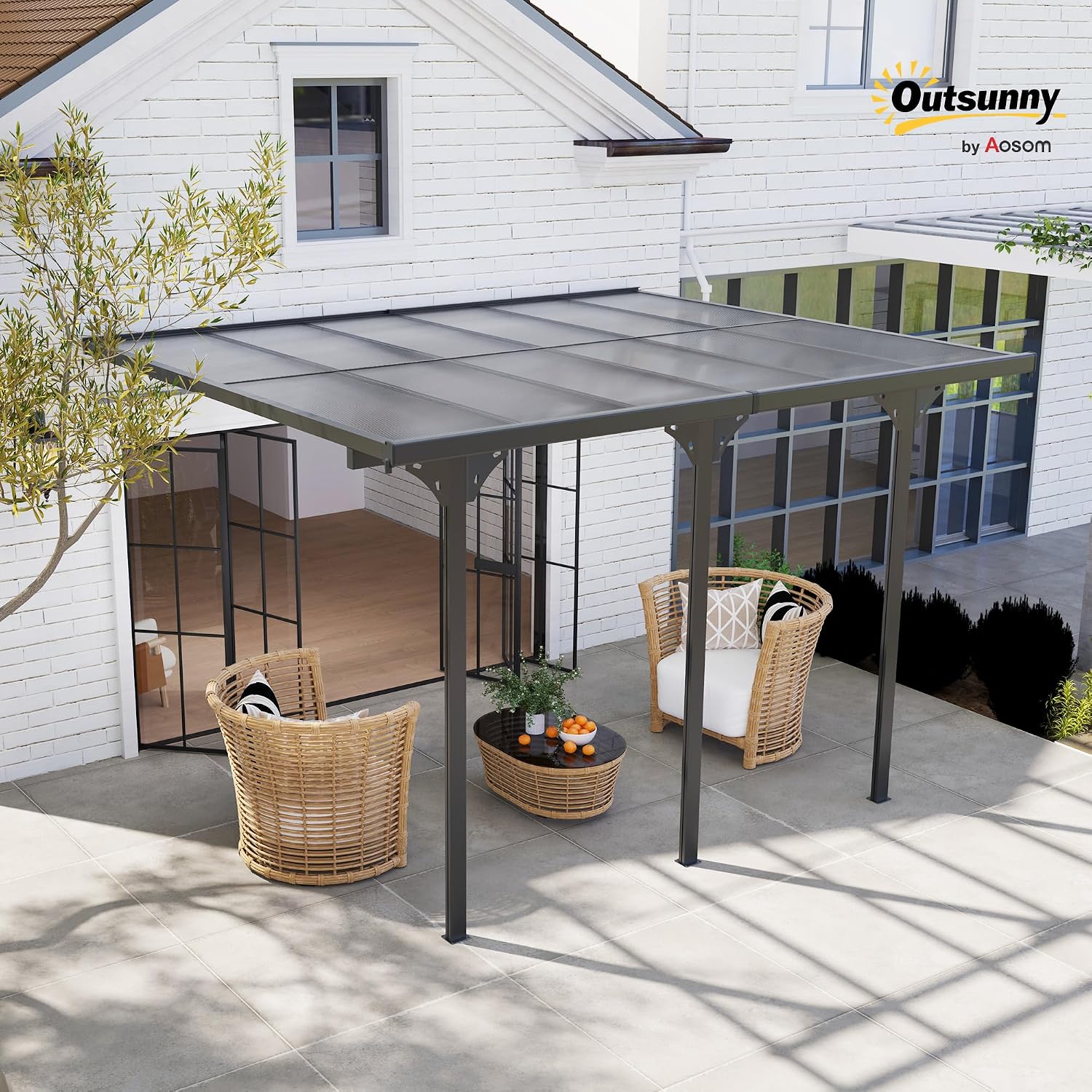 Outsunny 12' x 10' Outdoor Polycarbonate Pergola, Transparent UV Blocking Awning, Hardtop Deck Gazebo with Adjustable Posts and Height, Aluminum, Gray