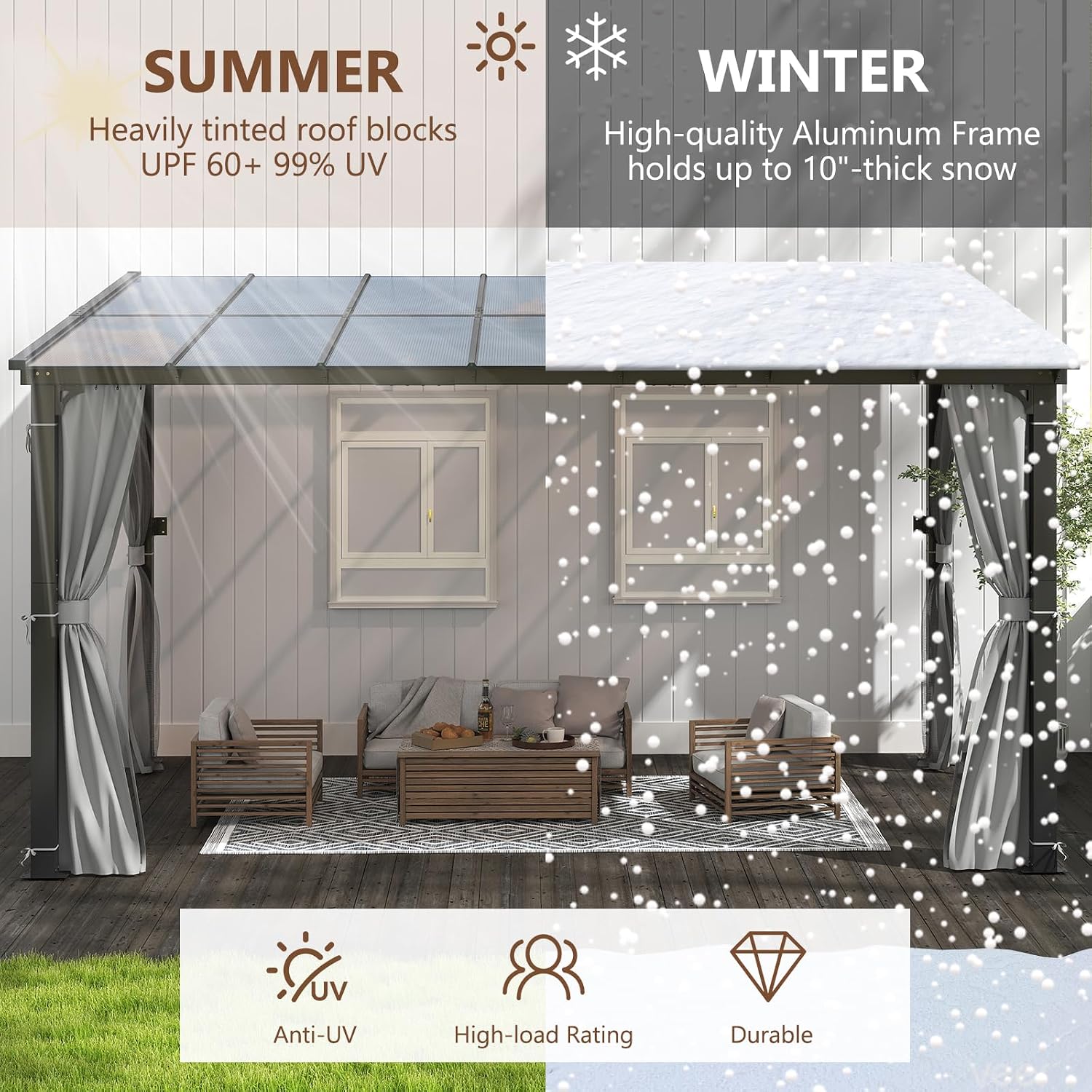 10'x10' Lean to Gazebo, Wall Mounted Gazebo with Aluminum Frame, Curtains and Netting for Patio,Decks, Garden and Lawn