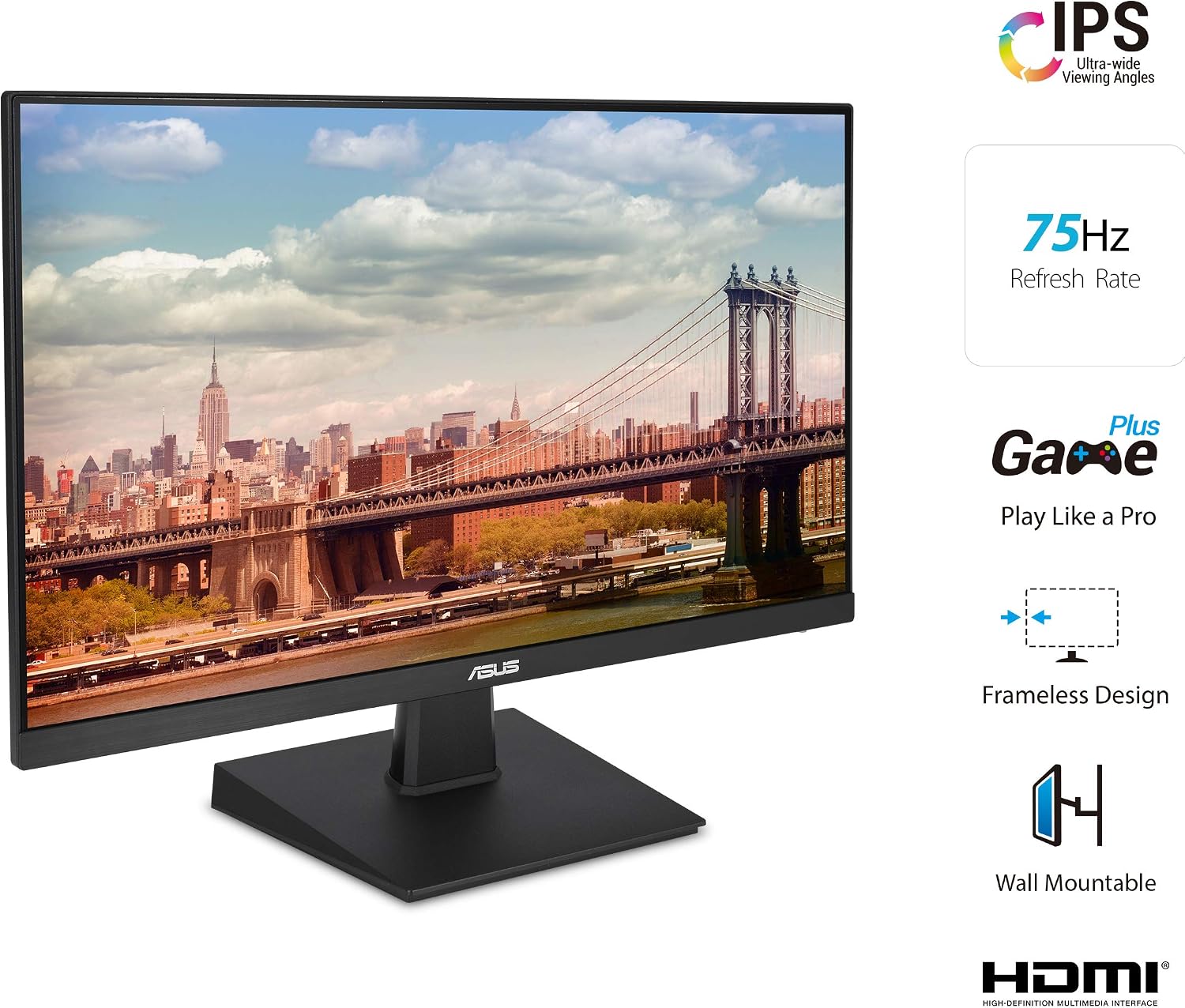 ASUS 27 Inch Desktop Monitor - Full HD (1920 x 1080), IPS, 75Hz, Adaptive-Sync, HDMI, D-Sub, Frameless - VA27EHE