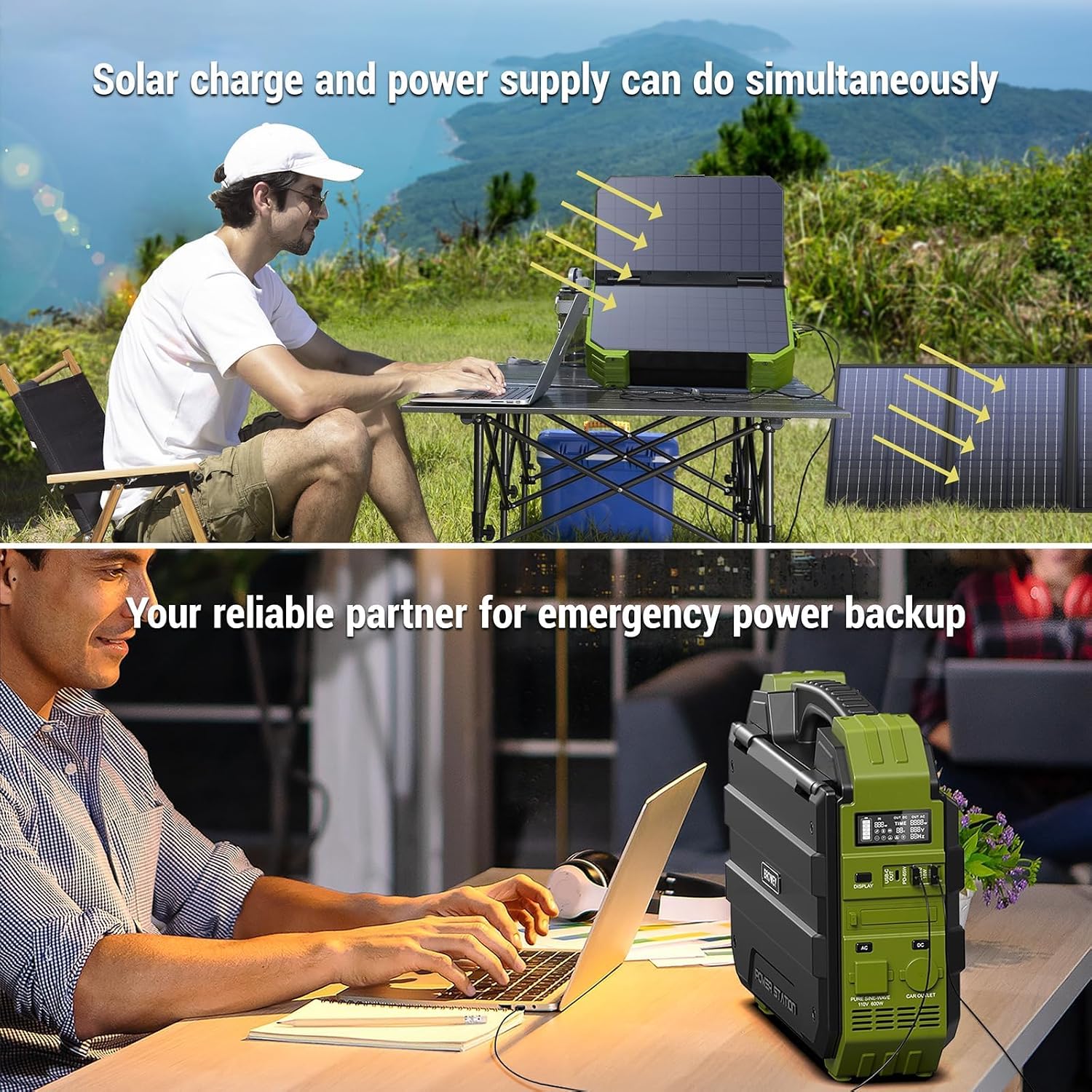 BROWEY Portable Power Station, 1000W (Peak 2000W) Solar Generator with Built-in Solar Panel, 614WH LiFePO4 Battery Pack, AC/DC/USB/PD Outputs, for Outdoor Camping, RV Travel, Emergency Preparedness