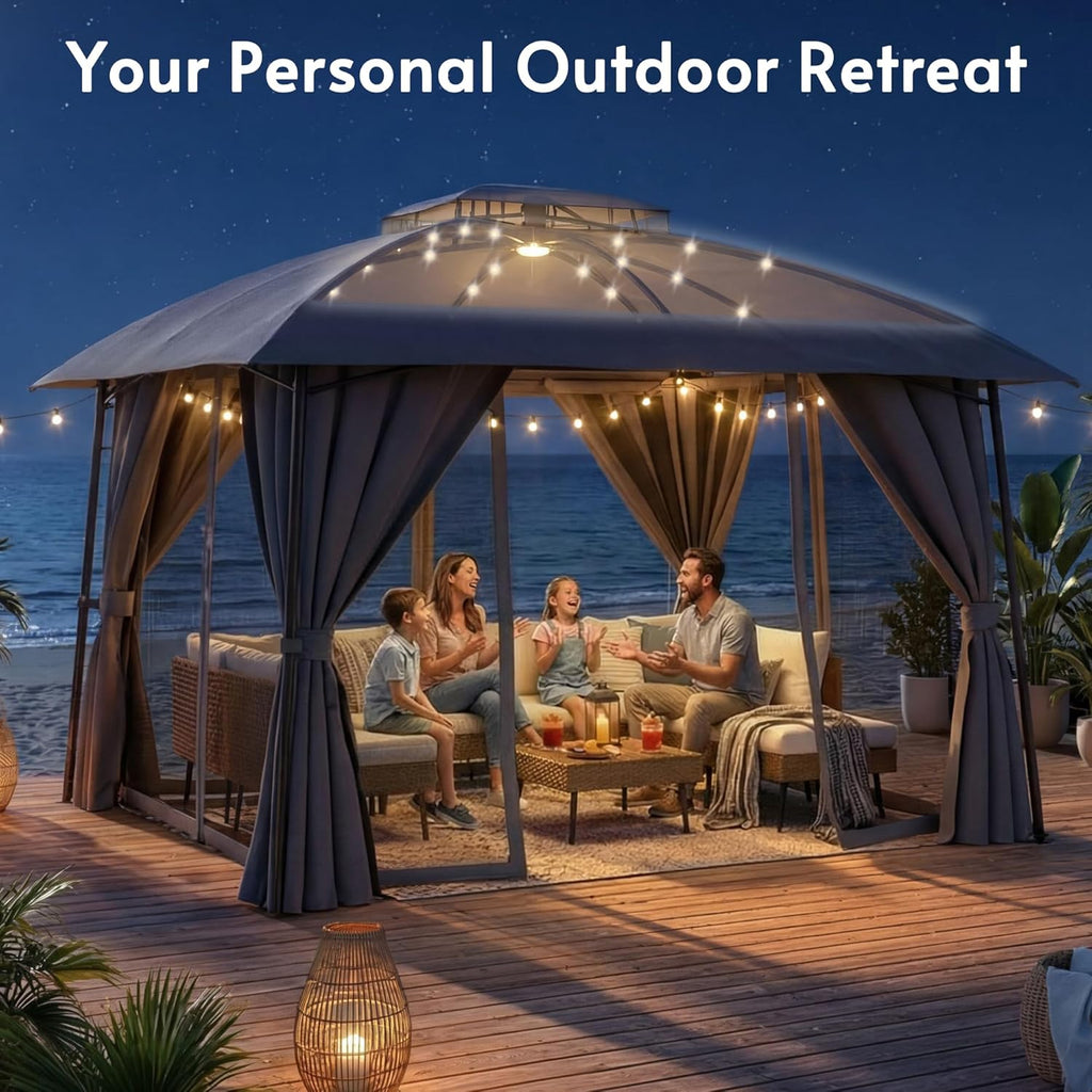 Outdoor Patio Gazebo 10x12 with Solar Powered LED Light, Heavy Duty Metal Frame Canopy Tent Shelter with Double Roof Design, Patio Gazebo with Mosquito Nettings and Privacy Screens for Patio