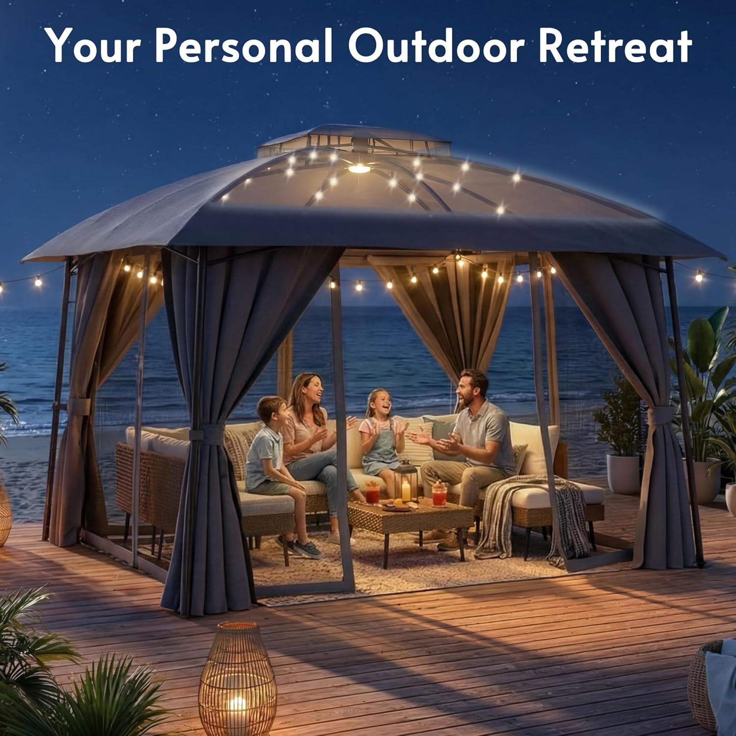 Outdoor Patio Gazebo 10x12 with Solar Powered LED Light, Heavy Duty Metal Frame Canopy Tent Shelter with Double Roof Design, Patio Gazebo with Mosquito Nettings and Privacy Screens for Patio