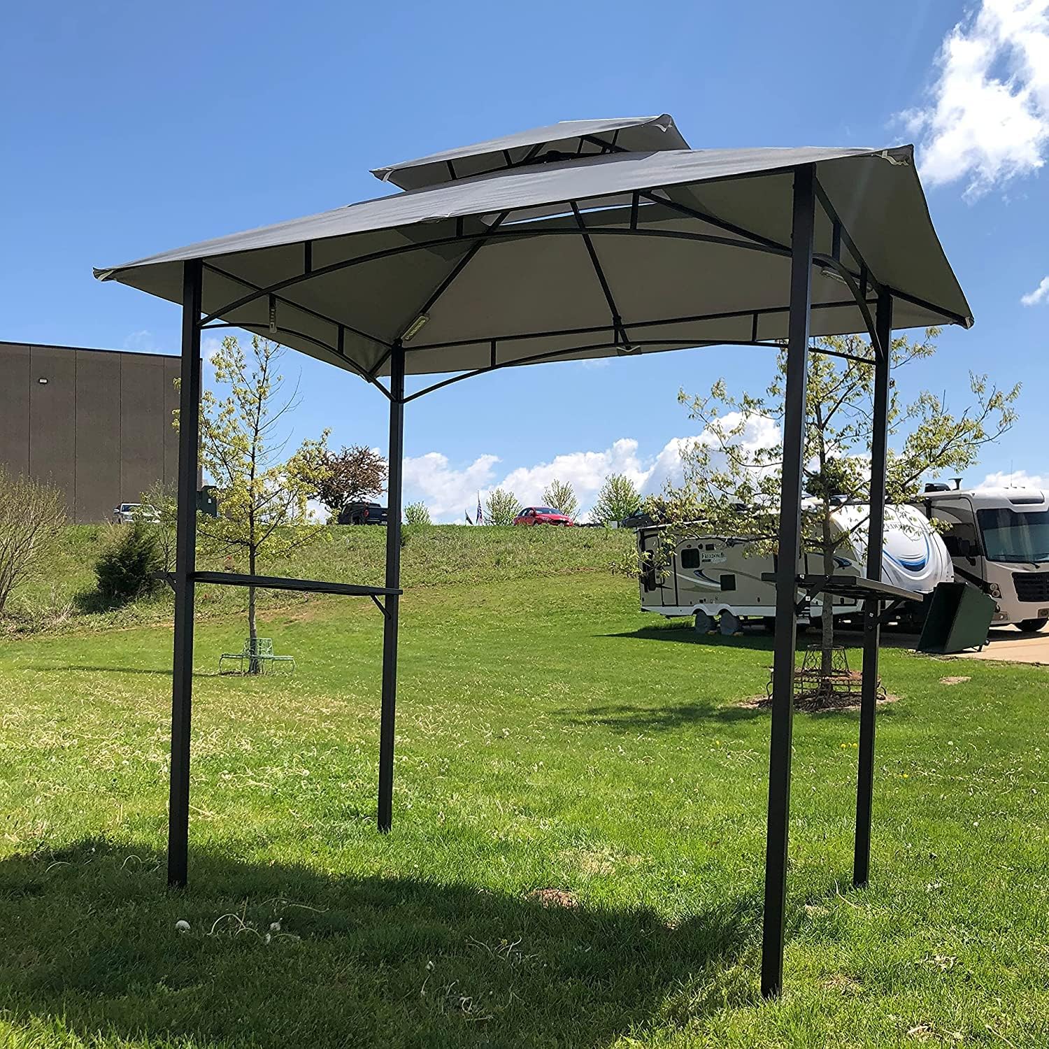 BACKYARD EXPRESSIONS PATIO · HOME · GARDEN Grilling Gazebo w/LED Lights, Barbecue Grill Canopy Tent w/Air Vent, Double Tiered, Powder Coated Steel Frame, Black and Gray - 8' x 5' (911268-NM)