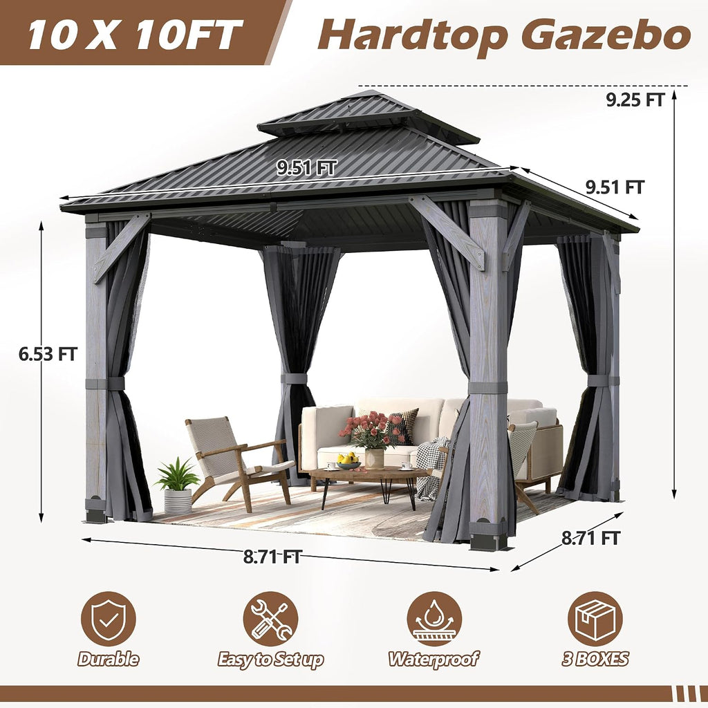 10'x10' Wood Gazebo, Outdoor Hardtop Gazebo with Wood Posts and Galvanized Steel Doule Roof, Wooden Frame Gazebos with Netting and Curtains for Patio Backyard Garden Deck