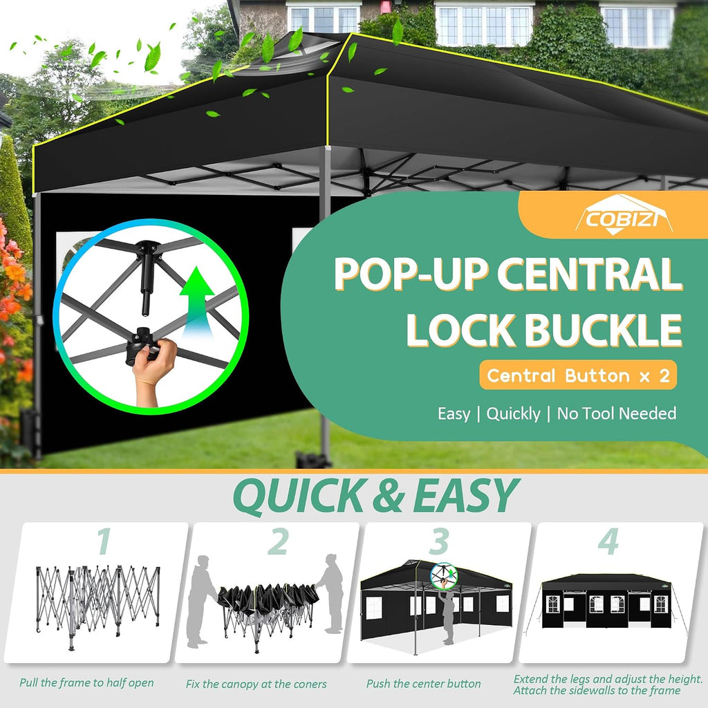 COBIZI 10x20 Pop Up Canopy Tent with 6 Sidewalls One Push Setup Outdoor Commercial Gazebo Waterproof UPF 50+ Party Tent with Carry Bag,Air Vent,Sandbag Tents for Parties,Wedding,Backyard,Black