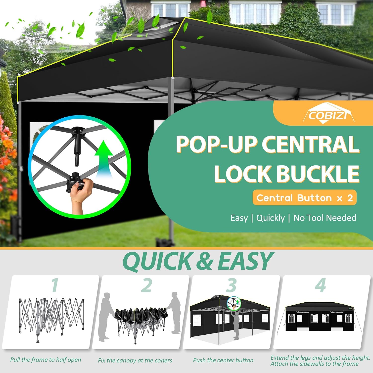 COBIZI 10x20 Pop Up Canopy Tent with 6 Sidewalls One Push Setup Outdoor Commercial Gazebo Waterproof UPF 50+ Party Tent with Carry Bag,Air Vent,Sandbag Tents for Parties,Wedding,Backyard,Black