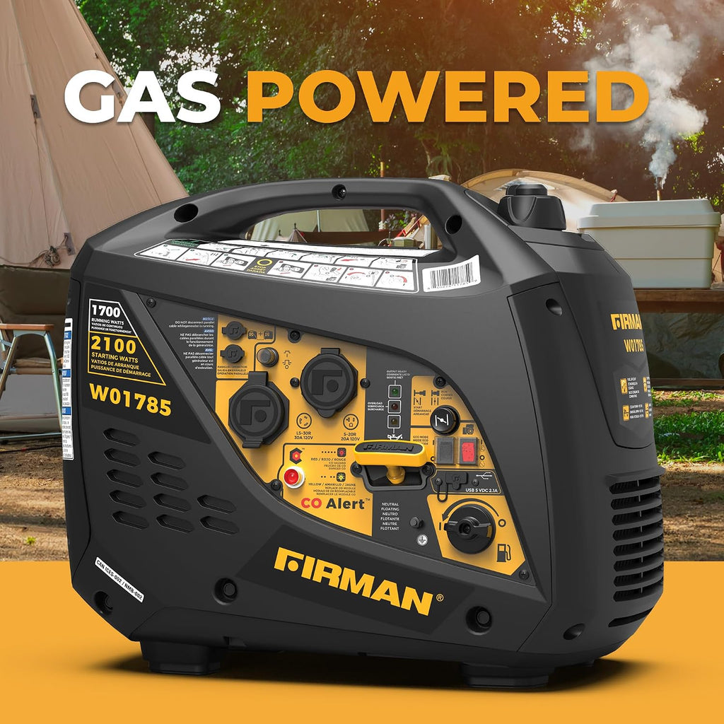 FIRMAN W01785 Inverter Portable Generator, 2100W Starting 1700W Running Power, Recoil Start with CO Alert Safety Shutoff, Quiet 59 dB Operation, Lightweight for Camping, Travel, Home, and Outdoor Use