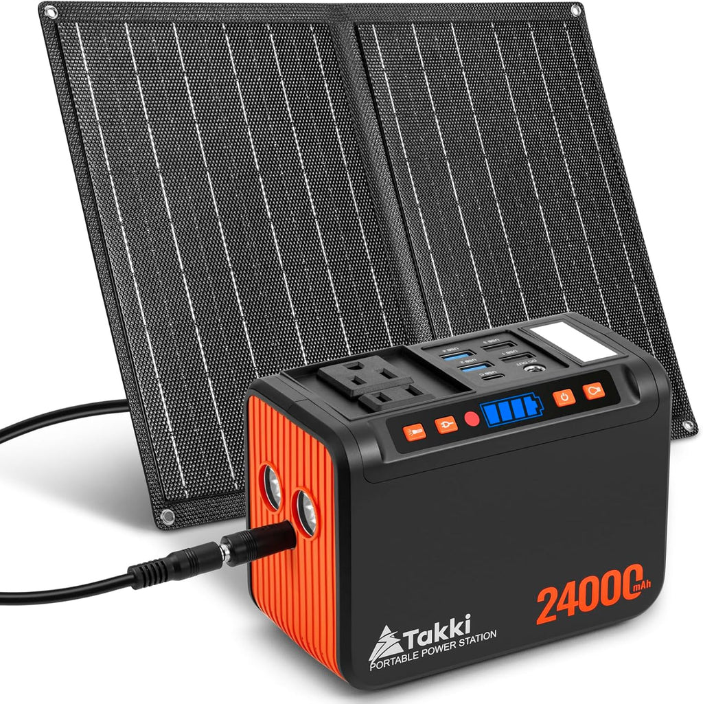 Takki Solar Generator 120W Peak Portable Power Station with 21W Solar Panel 88.8Wh Battery Power Bank with 110V AC Outlet for Camping RV Tent Home Outages Emergency