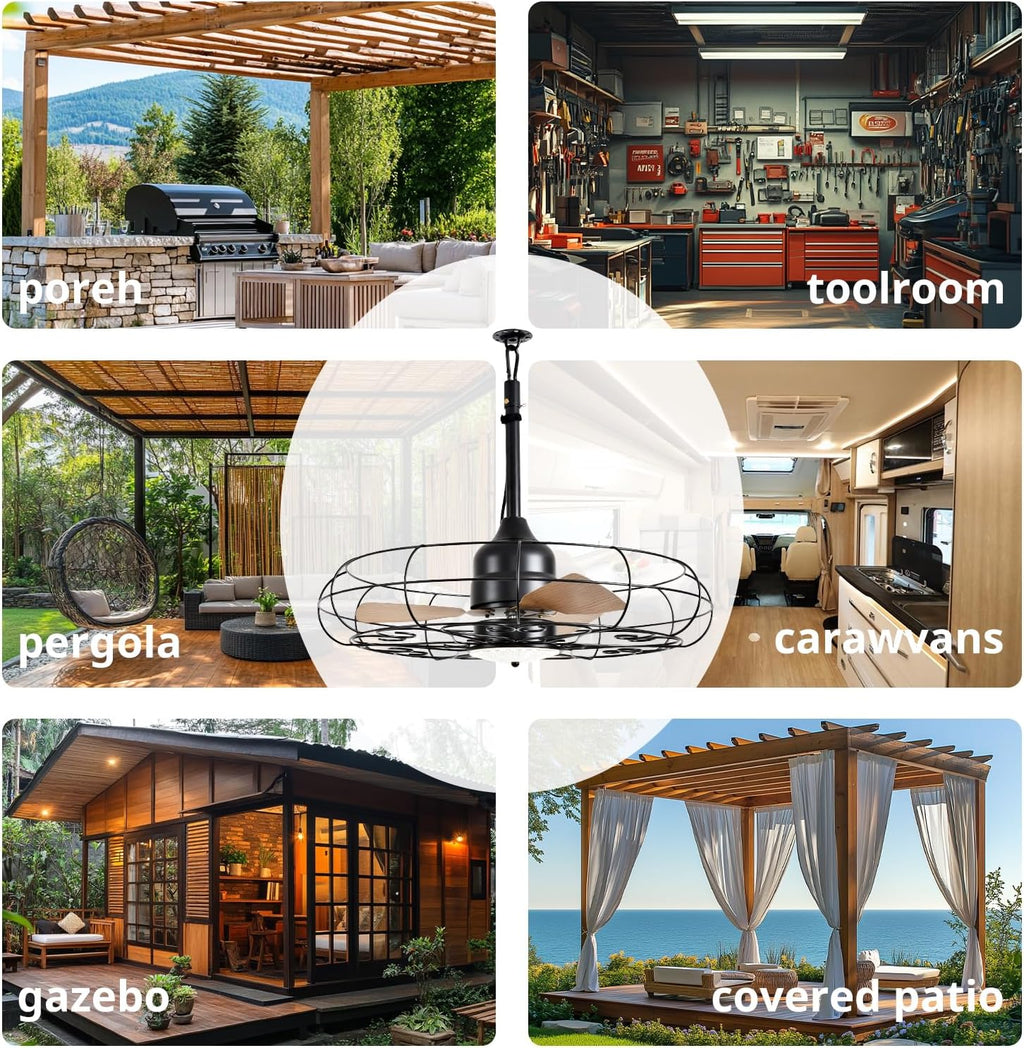Orison Outdoor Ceiling Fans with Light, 28'' Wet Rated Outdoor Hanging Fan for Gazebo, Plug in Caged Lighting for Pergola Canopy, Hanging with Hook, 3 Color LED Light, Waterproof (28IN)