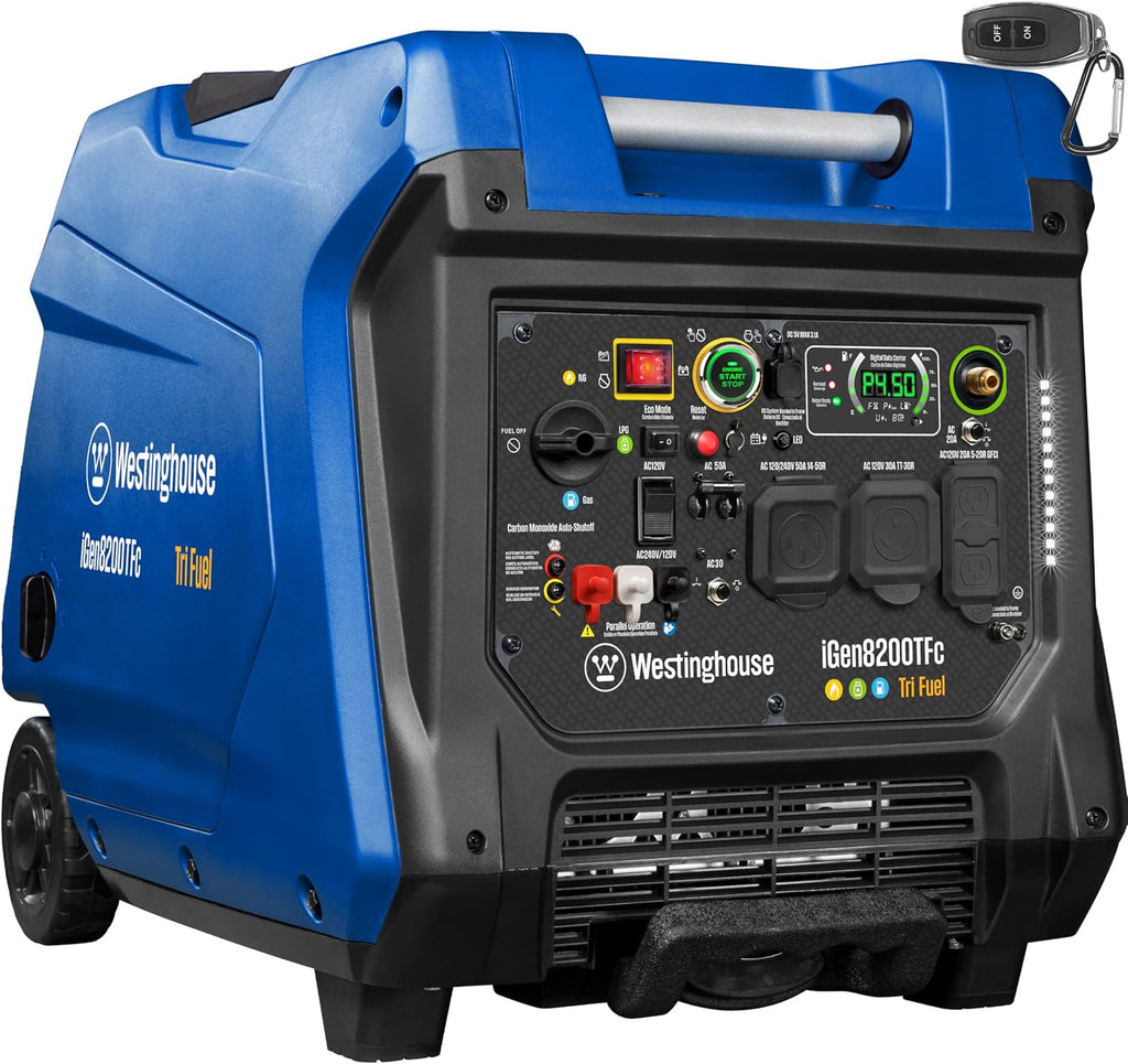 Westinghouse 8200 Peak Watt Tri-Fuel Portable Inverter Generator, Remote Electric Start, Transfer Switch Ready, Gas, Propane, Natural Gas, Low THD, Safe for Electronics, Parallel Capable, CO Sensor