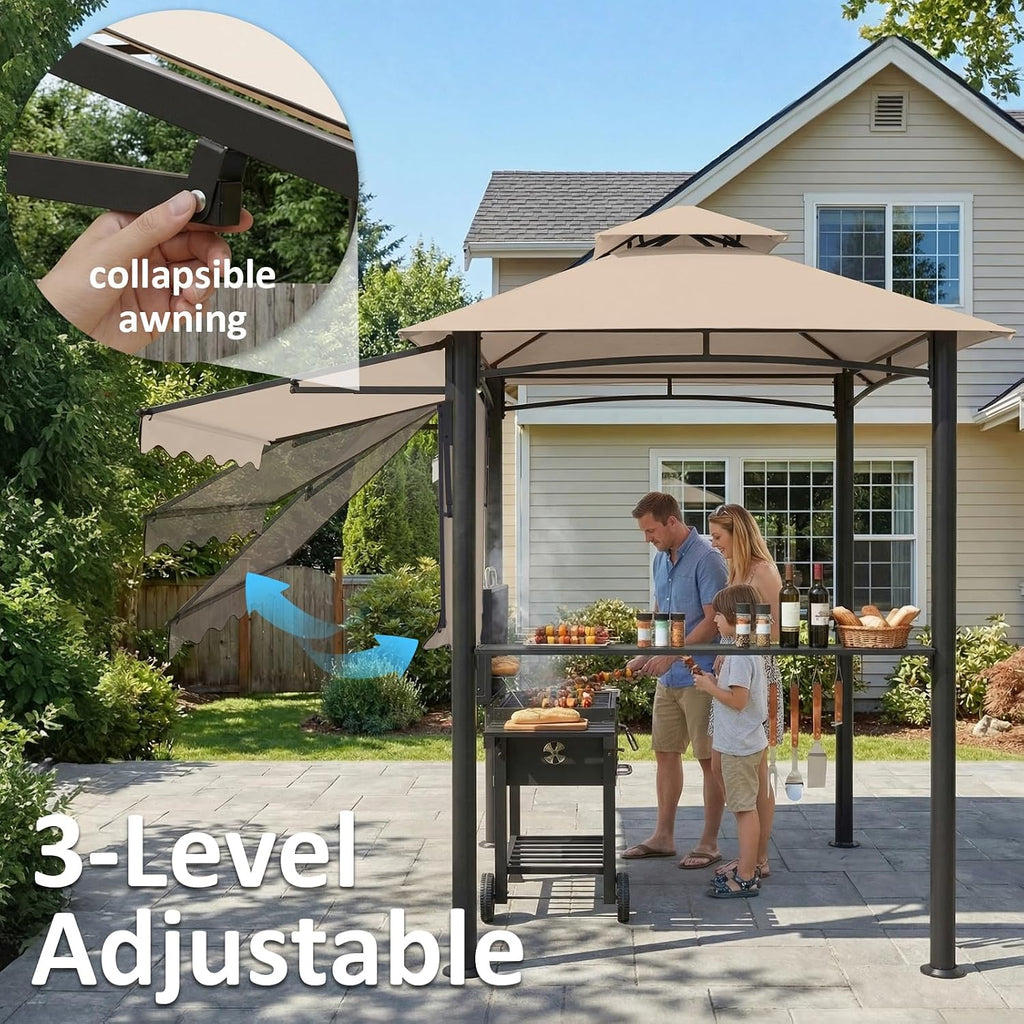 CHARMELEON 8x8 FT Grill Gazebo, Grill Canopy with Big Awning&2 Side Shelves&6 Hooks&Bottle Opener, Powder-Coated Steel BBQ Shelter for Patio Backyard Outdoor Grilling-Beige