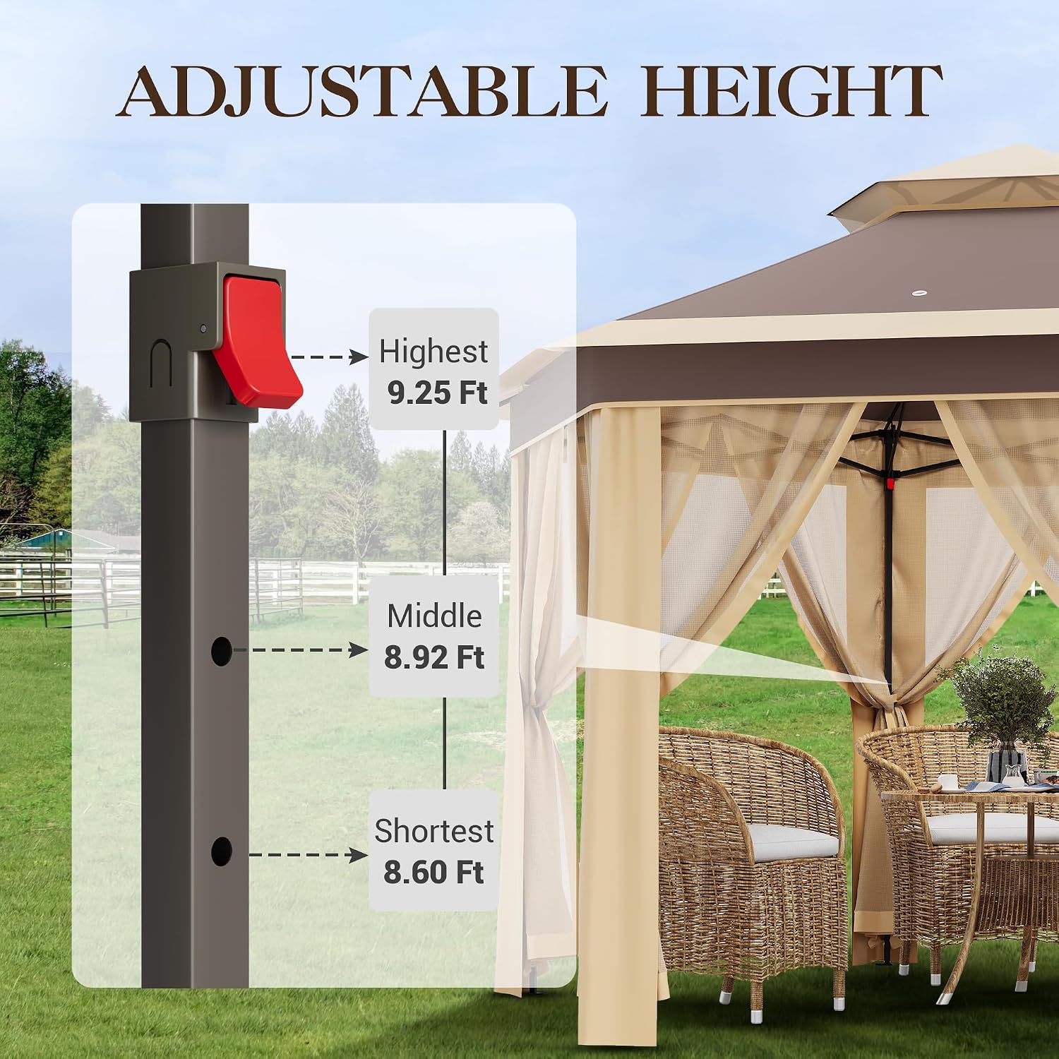 Pop-Up Gazebo 13 * 13 ft 6 Sided, Canopy Tent with Mesh Windows & Portable Carry Bag, Adjustable Tent Outdoor Pergola for Backyard & Patio Furniture (Khaki)