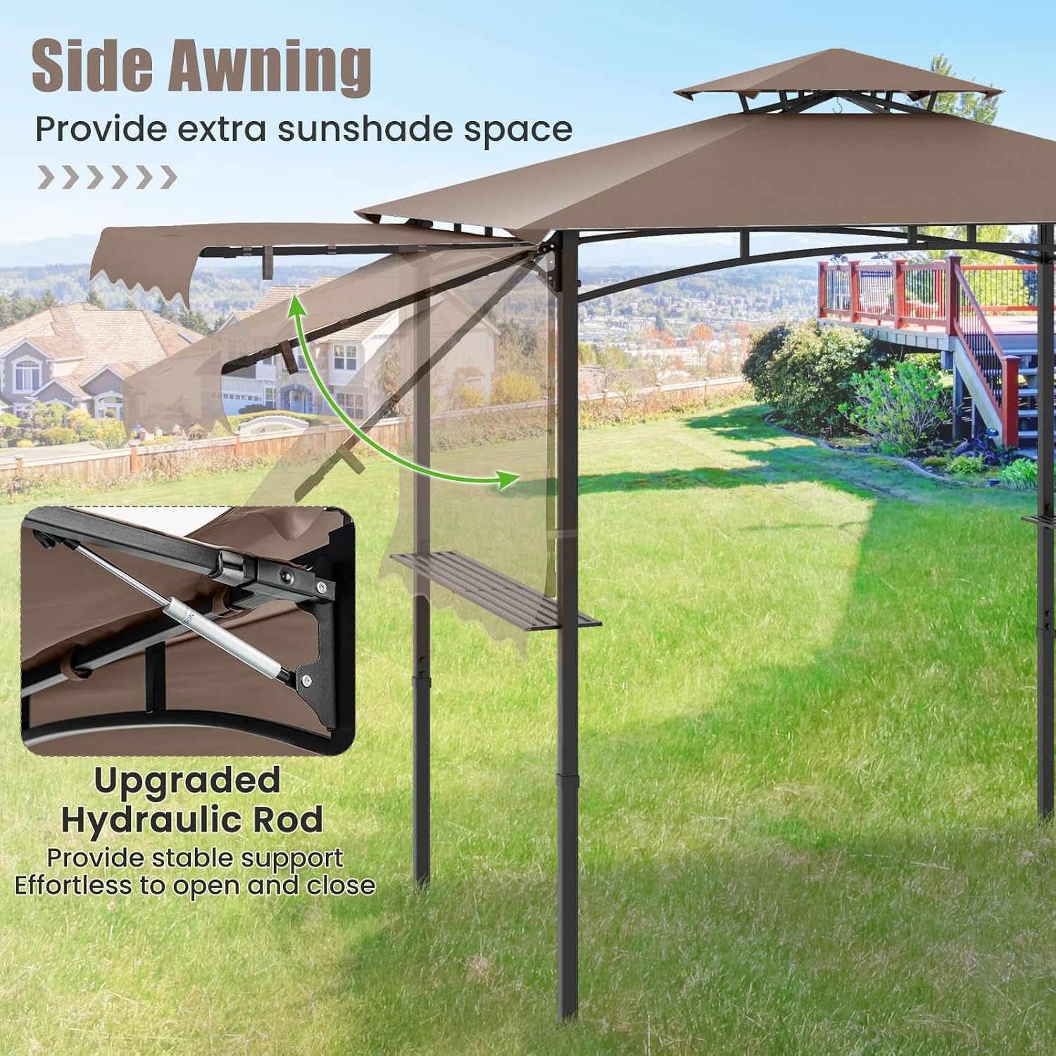 HAPPYGRILL Outdoor Grill Gazebo Canopy 11 x 5 FT, Barbecue Canopy with Double-Tiered Top, 2 Side Shelves, Hanging Hooks, Bottle Opener, Metal Frame, BBQ Grilling Shelter