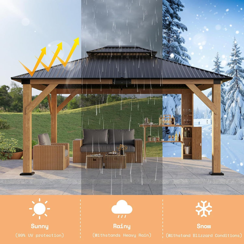LUXOAK 10x12 FT Wood Gazebo, Outdoor Hardtop Gazebo with Aluminum Double Roof, Outdoor Wooden Pavilion for Parties, Backyard, Patio, Lawns, Black + Natural Wood
