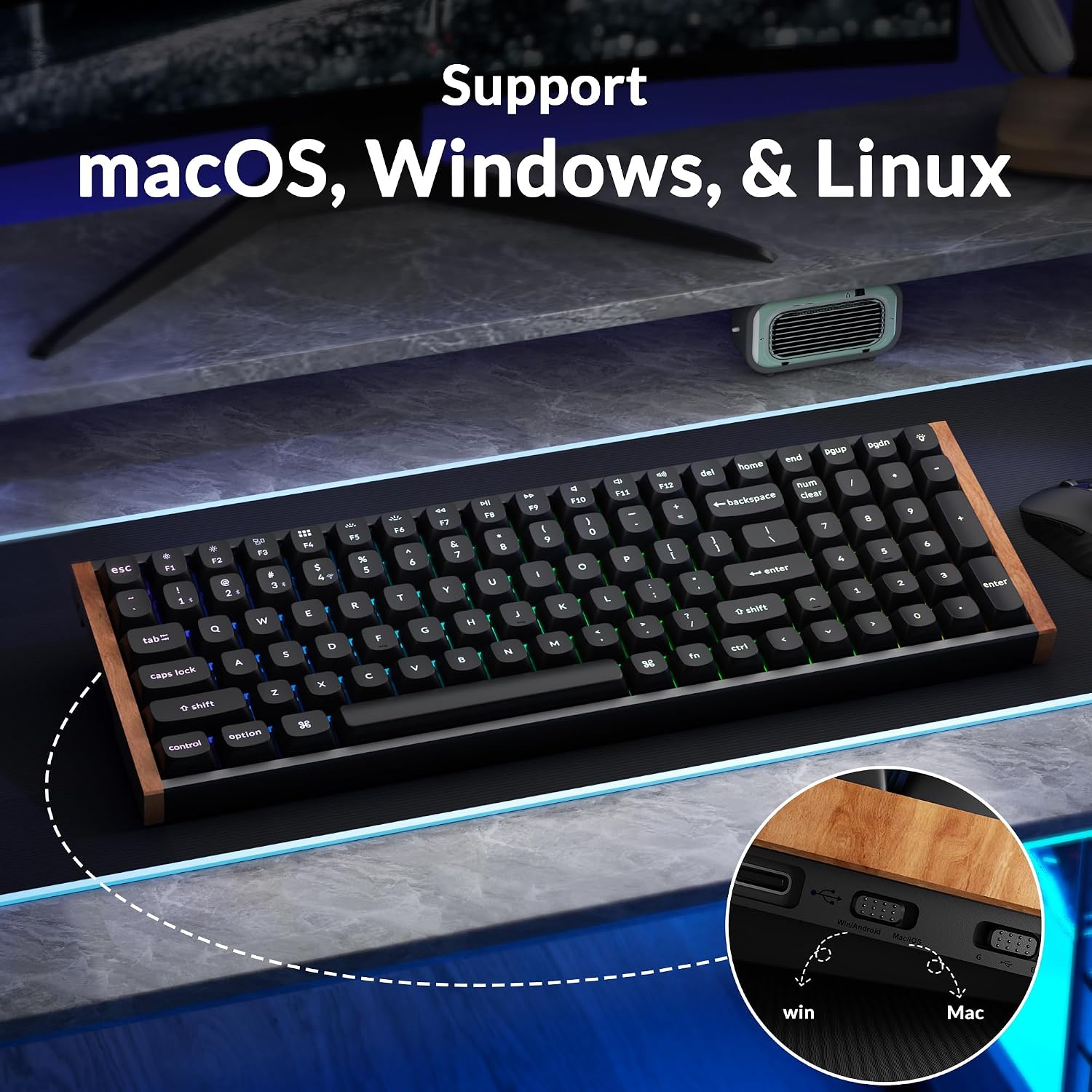 Keychron K4 HE 96% Wireless Hall Effect Keyboard with Number Pad, Rapid Trigger Magnetic Switches, QMK Launcher, 2.4GHz/Bluetooth/Wired, Mac & Windows, Wood Accent Frame, Black (Non-Shine-Through)
