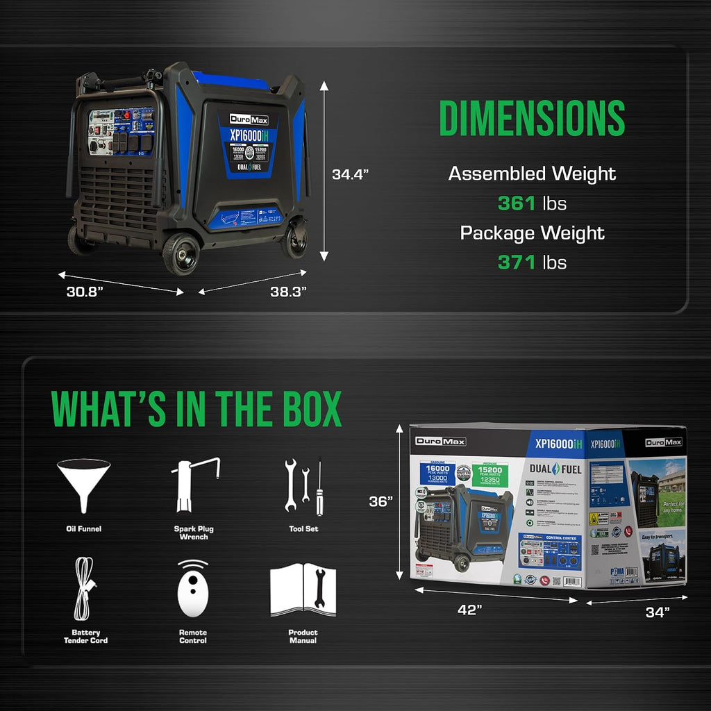 DuroMax XP16000iH 16,000-Watt Dual Fuel Portable Digital Inverter Generator - Gas & Propane, Remote Electric Start, Whole Home Power Backup, Transfer Switch Ready, RV & Emergency Ready