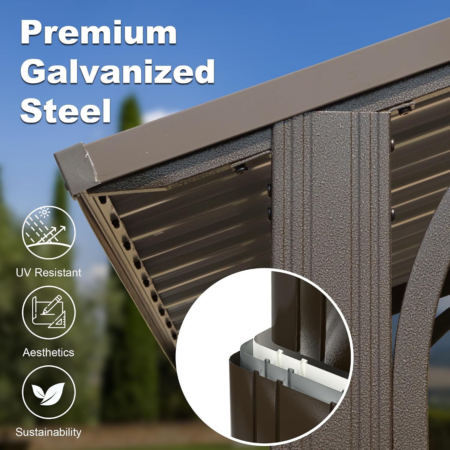 Domi 8x5FT Hardtop Grill Gazebo, Outdoor BBQ Gazebo with 2 Side Shelves and Ceiling Hook, Metal Grill Canopy with Galvanized Steel Double Roof for Patio Lawn Patio Backyard Deck, Brown