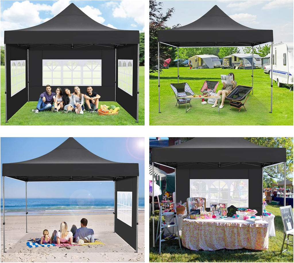 COBIZI 10x10 Pop Up Canopy with 4 Sidewall,Heavy Duty Canopy UPF 50+ All Season Wind Waterproof Commercial Outdoor Wedding Party Tents for Parties Canopy Gazebo with Roller Bag (10 x 10 ft Black)