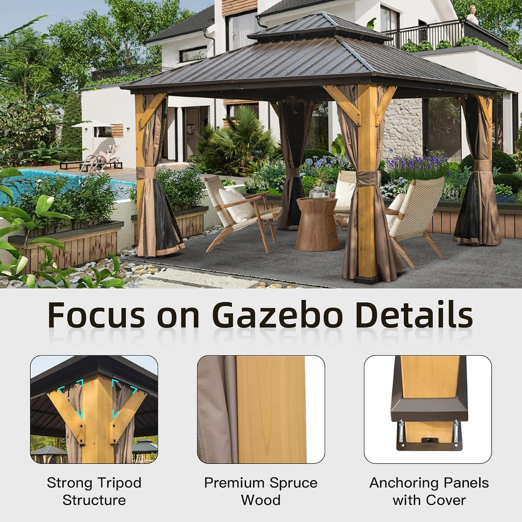 Domi Hardtop Gazebo 12'x12' Cedar Frame Wood Gazebo with Galvanized Steel Double Roof, Outdoor Permanent Metal Gazebo with Curtains and Netting for Patio,Deck,Backyard