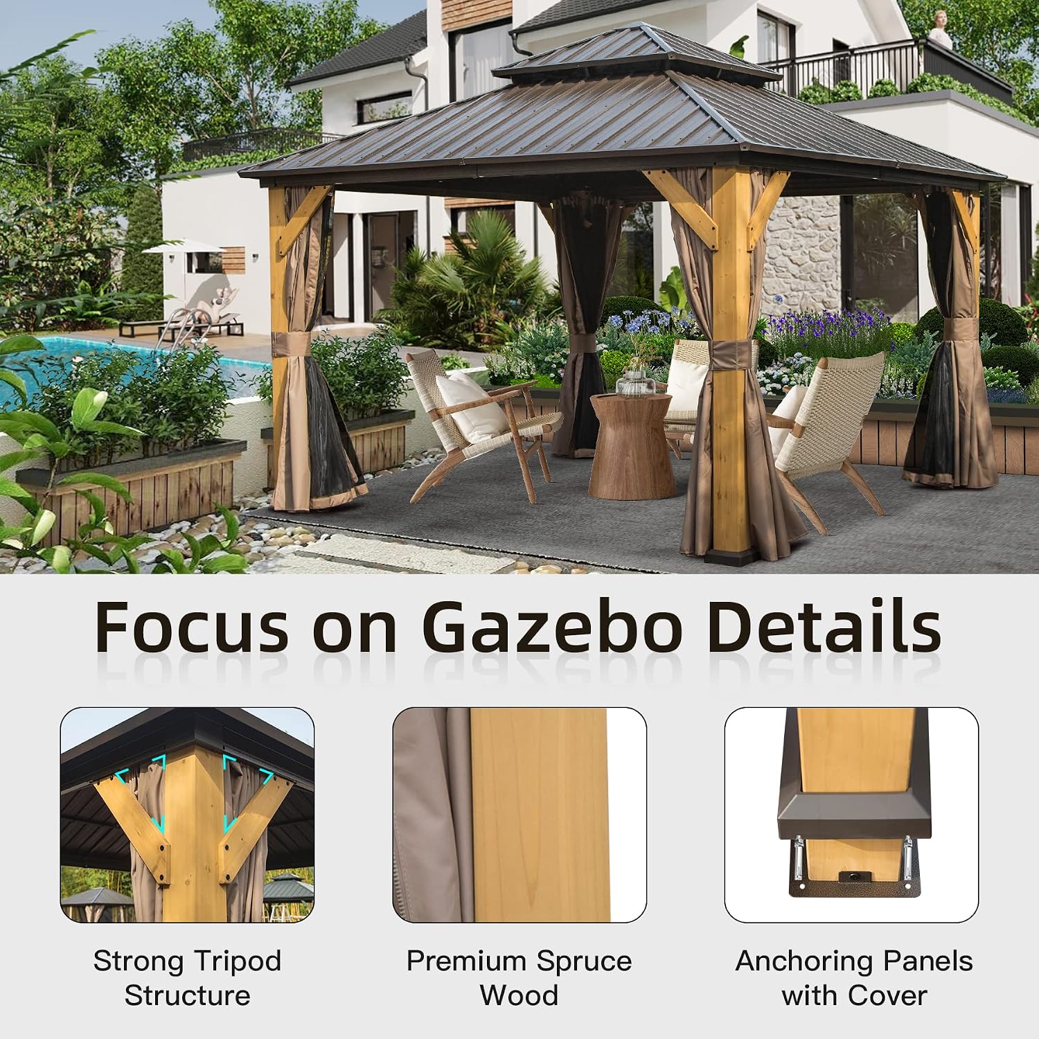 Domi Hardtop Gazebo 12'x12' Cedar Frame Wood Gazebo with Galvanized Steel Double Roof, Outdoor Permanent Metal Gazebo with Curtains and Netting for Patio,Deck,Backyard