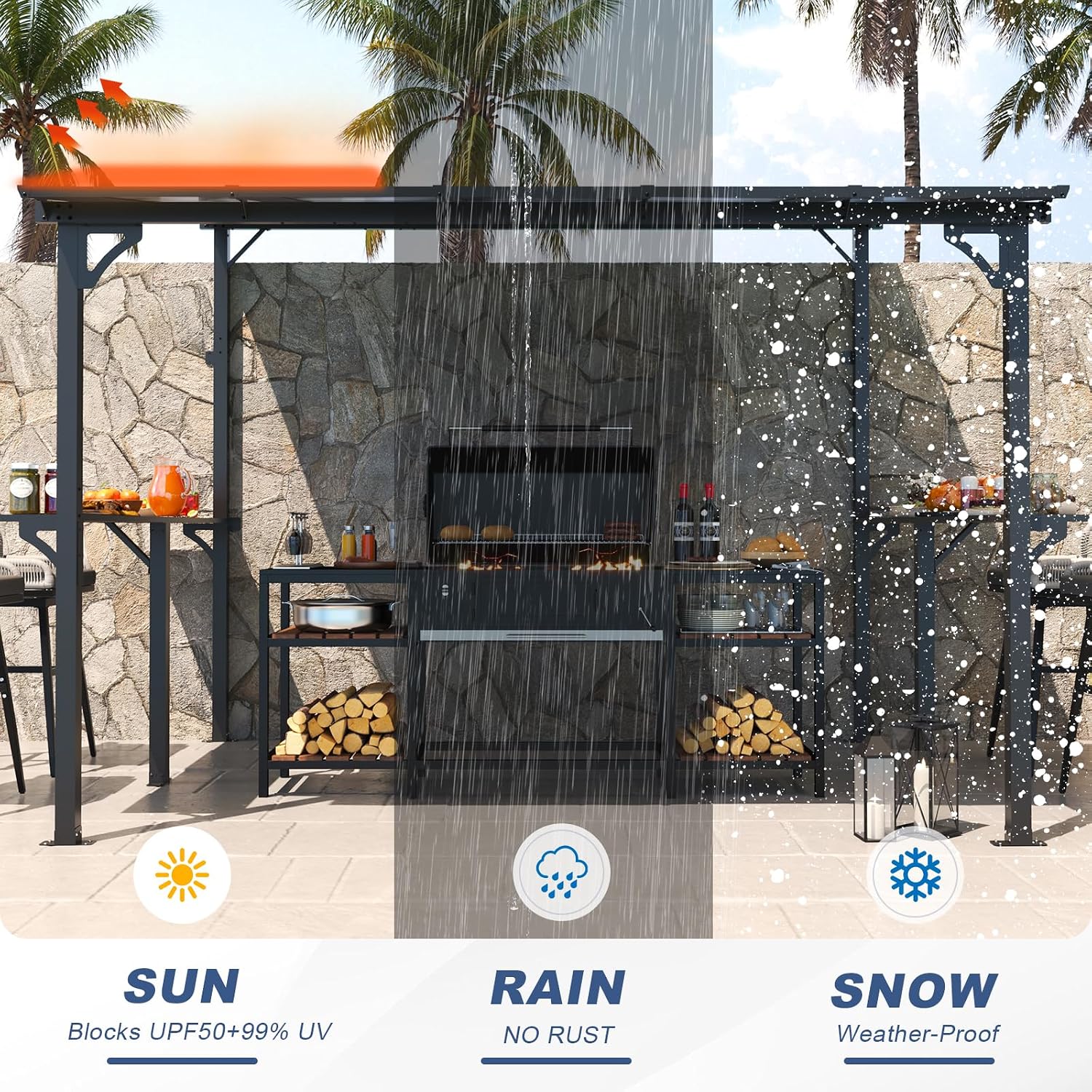 MEISSALIVVE 8' x 10' Wall Mounted Gazebo, Outdoor BBQ Grill Gazebo with Side Shelf, Lean to Metal Awnings with Sloped Roof, Heavy Duty Pergola for Backyard, Deck, Black