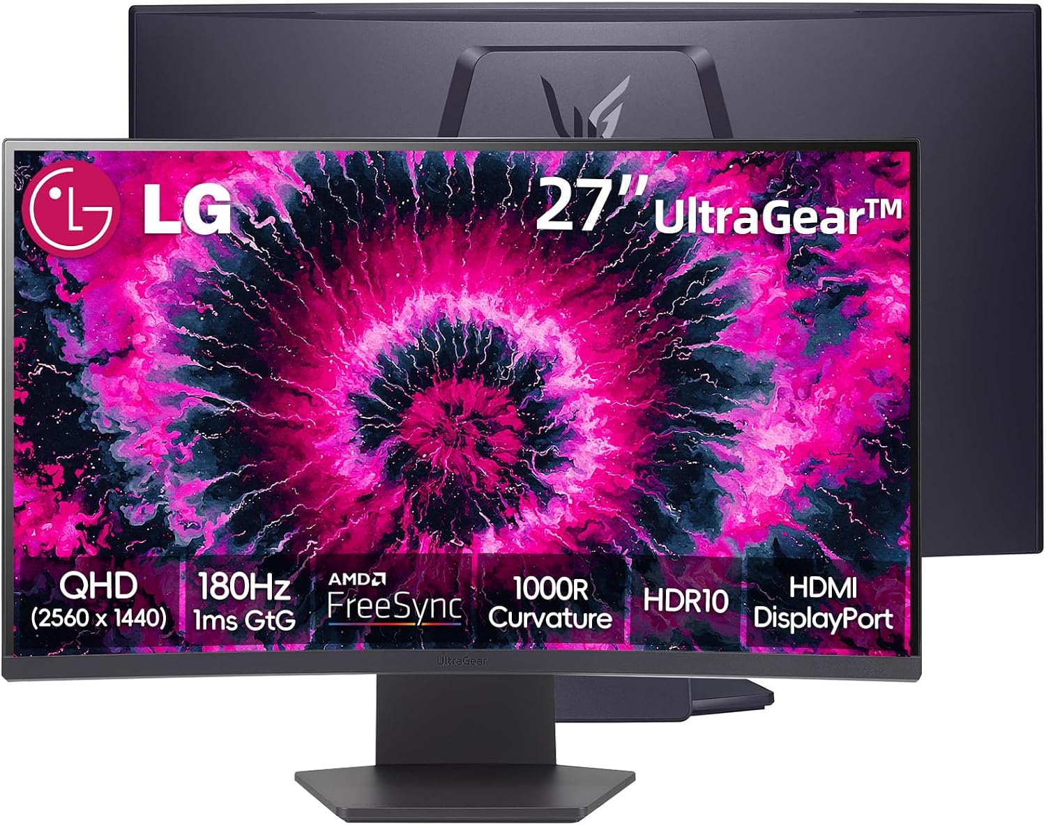 LG 27 Inch QHD Gaming Monitor, Ultragear Curved Display, 180Hz, 1ms, 1000R, AMD FreeSync, HDR10, 99% sRGB, Black Stabilizer, DAS Crosshair FPS Counter, HDMI x2, DisplayPort, Borderless Design, Black
