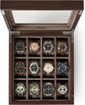 TAWBURY Wooden Watch Case - 12 Slot Wood Watch Box for Men & Women with Glass Display, Protective Fully Lined Interior and 2-inch Wide Pillows for Small & Large Watches (Dark Walnut)