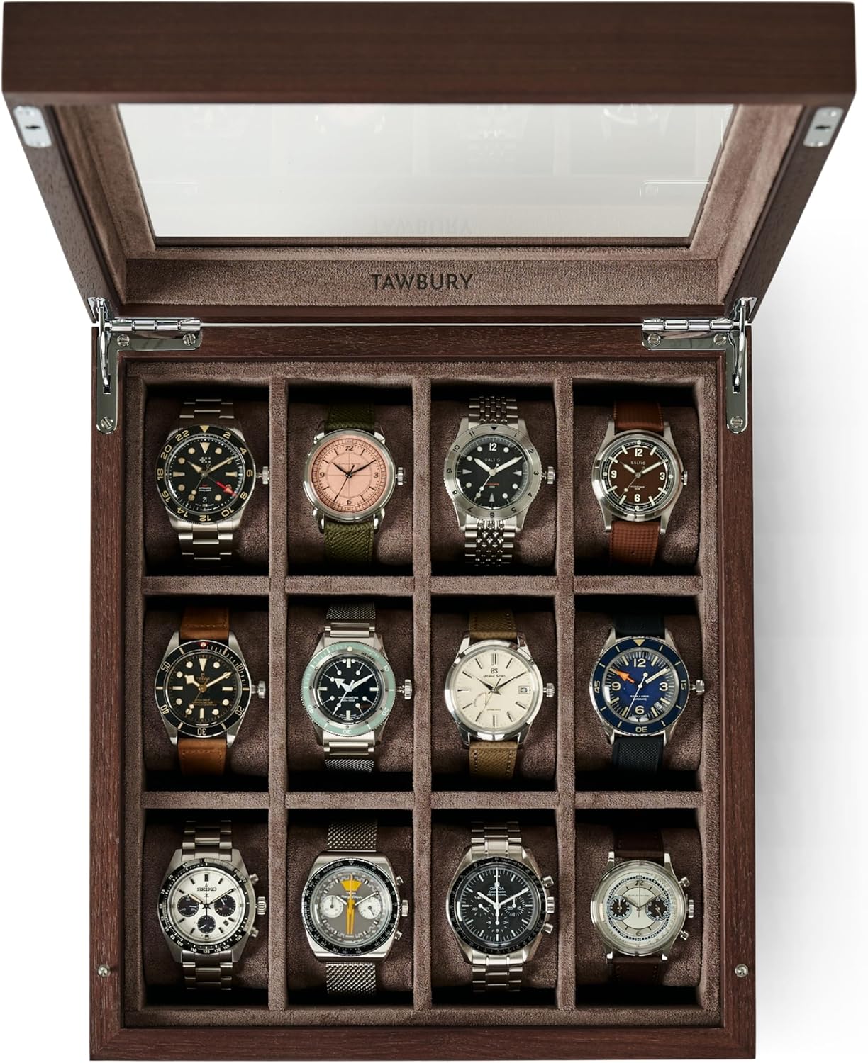 TAWBURY Wooden Watch Case - 12 Slot Wood Watch Box for Men & Women with Glass Display, Protective Fully Lined Interior and 2-inch Wide Pillows for Small & Large Watches (Dark Walnut)