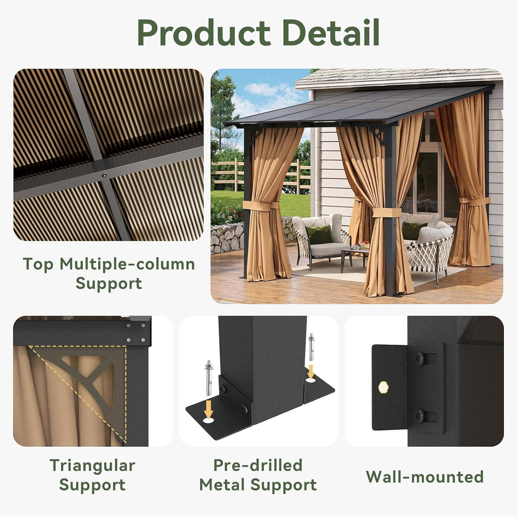 Aoxun 8'x10' Lean to Gazebo with Mosquito Net and Curtains, Aluminum Frame, Polycarbonate Panel, Wall Mounted Pergola with Sloped Roof for Backyard, Porch, Deck