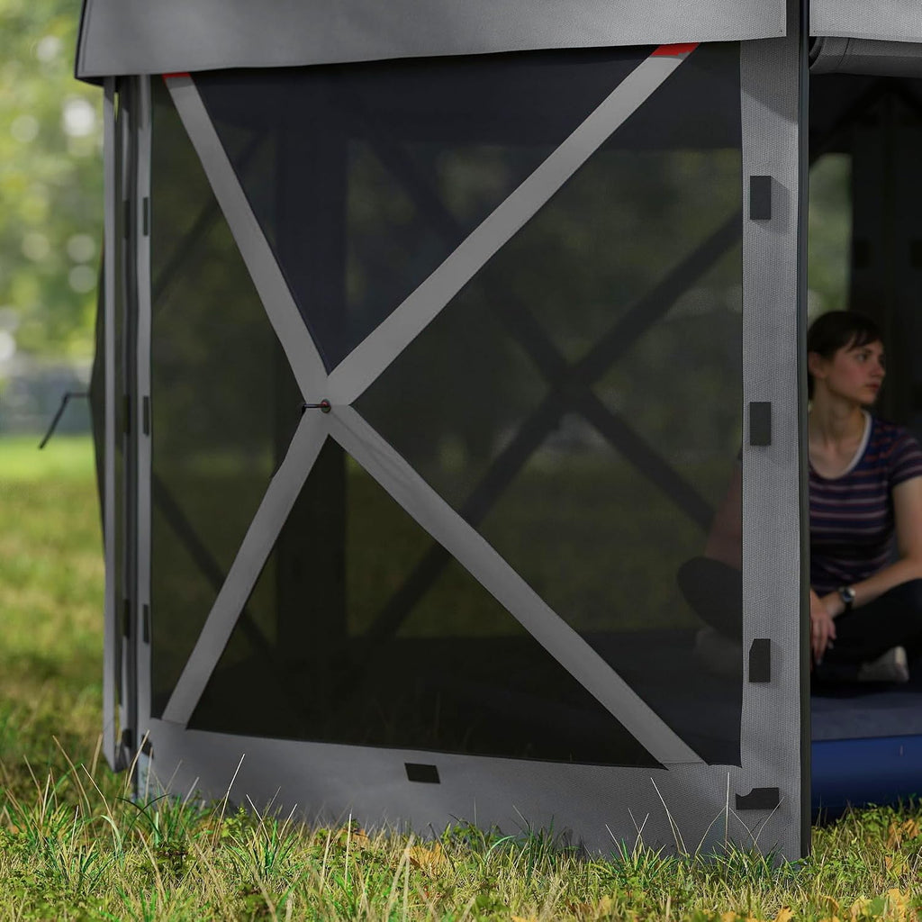Outsunny 12' x 12' Hexagonal Pop Up Gazebo Tent with 5 Sidewalls, Waterproof Portable Outdoor Canopy Shelter with Curtains, Carry Bag, 5 Ropes, 11 Stakes for Camping, Garden, Patio, Dark Gray