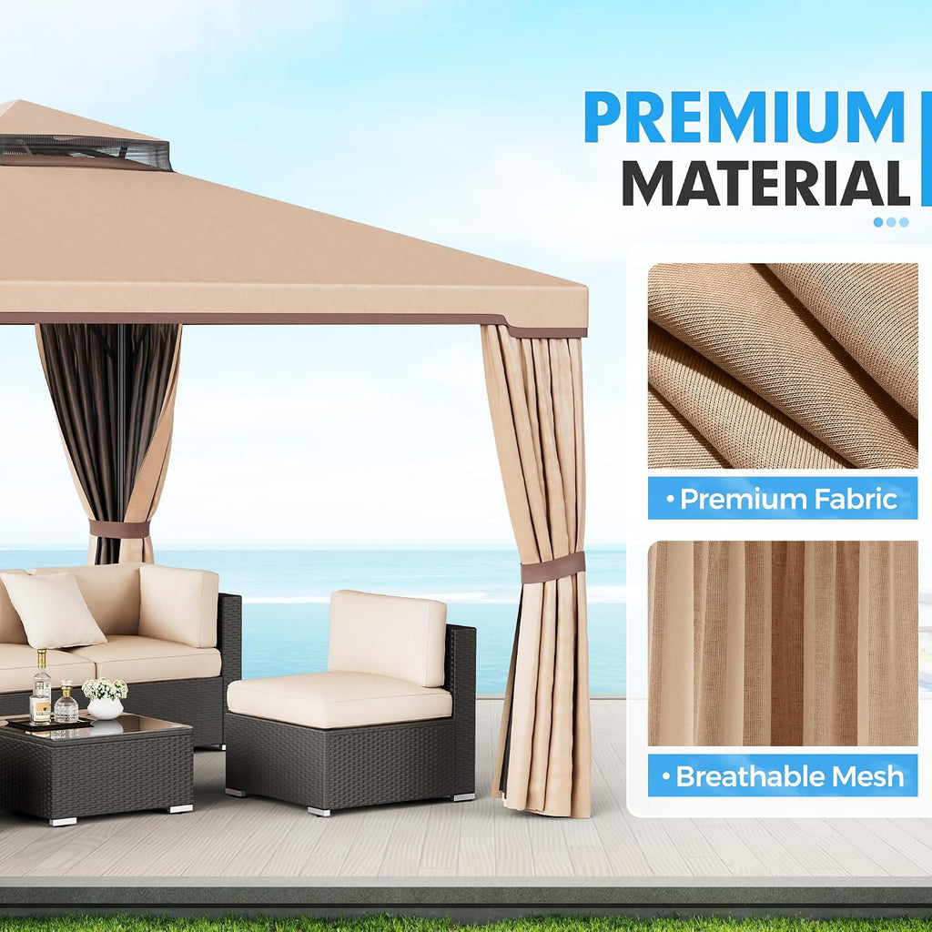 SUNCROWN 10 x 10 FT Outdoor Gazebo for Patio Iron Frame Garden Permanent Gazebo with Vented Soft Canopy and Mosquito Netting, Khaki