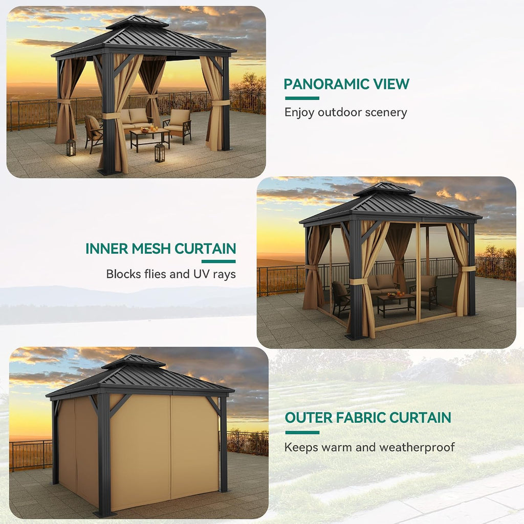 YITAHOME 10x10ft Hardtop Gazebo with Nettings and Curtains, Heavy Duty Double Roof Galvanized Steel Outdoor Combined of Horizontal Vertical Stripes Roof for Patio, Backyard, Deck, Lawn Brown
