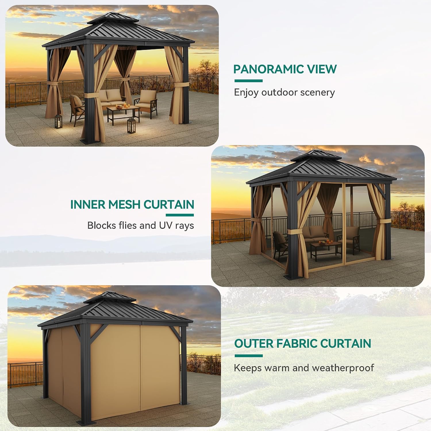 YITAHOME 10x10ft Hardtop Gazebo with Nettings and Curtains, Heavy Duty Double Roof Galvanized Steel Outdoor Combined of Horizontal Vertical Stripes Roof for Patio, Backyard, Deck, Lawn Brown