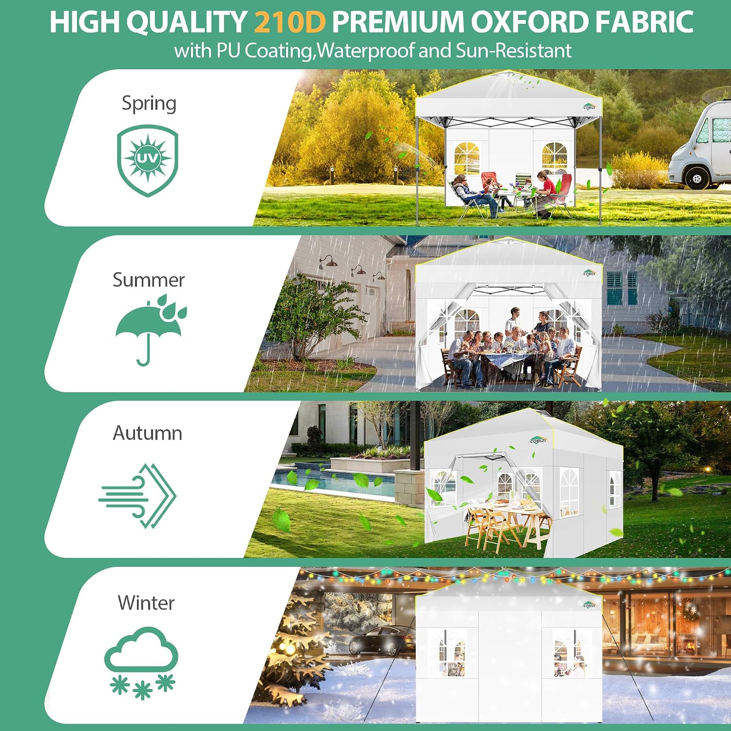 COBIZI 10x10 Pop up Canopy Tent with Sidewalls, One Push Setup, Waterproof & UV 50+ Outdoor Commercial Event Gazebo with Air Vent, Reflective Strip, 4 Sandbags Tents for Parties/Backyard/Camping,White